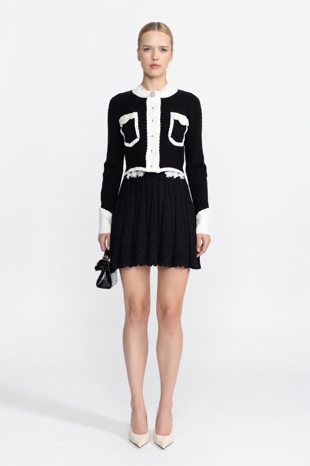Nicolette Black Pearl Embellished Contrast Trim Cable Knit Cropped Cardigan
