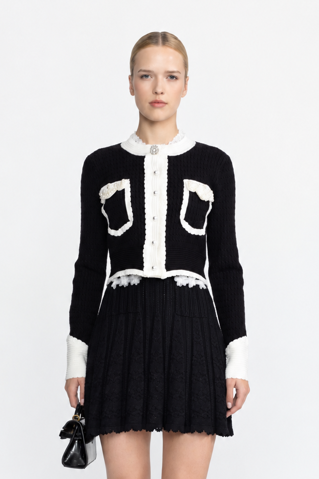 Nicolette Black Pearl Embellished Contrast Trim Cable Knit Cropped Cardigan