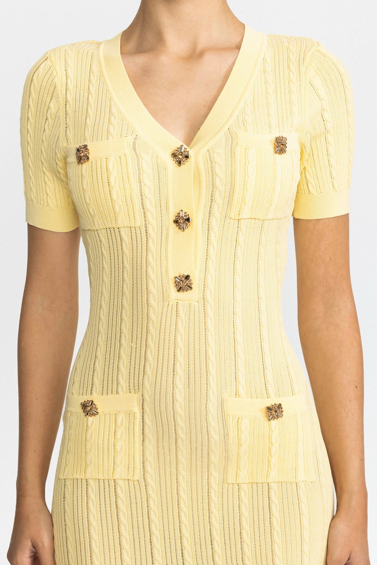 Cable Knit Jewel-Button Midi Dress - Yellow