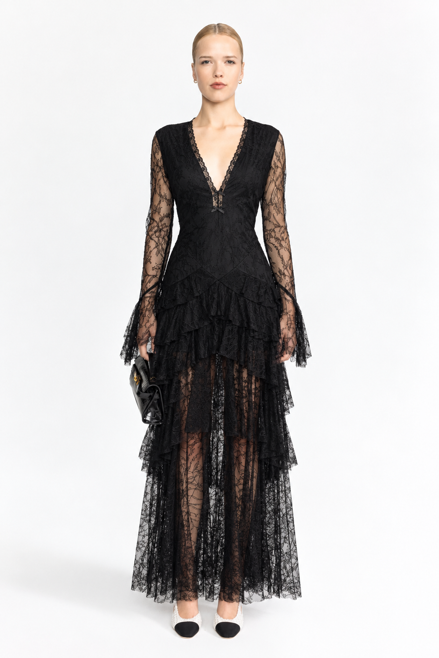 Ophélie Black Chantilly Lace Tiered Maxi Dress
