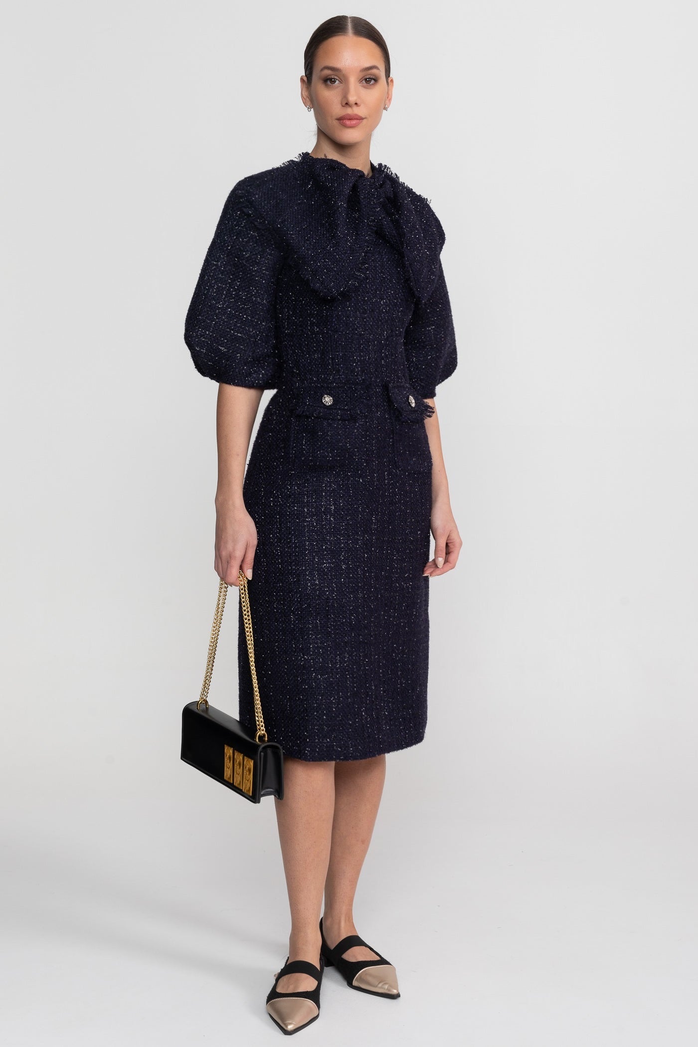 Emilienne Navy Tweed Midi Dress With Oversized Bow Neck Detail