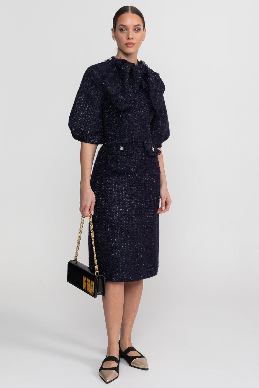 Emilienne Navy Tweed Midi Dress With Oversized Bow Neck Detail
