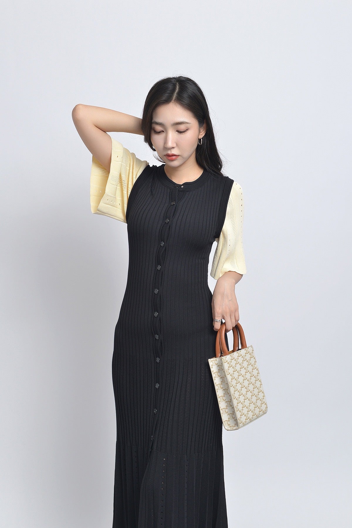 Sandro Long two tone Tricot midi dress - Black