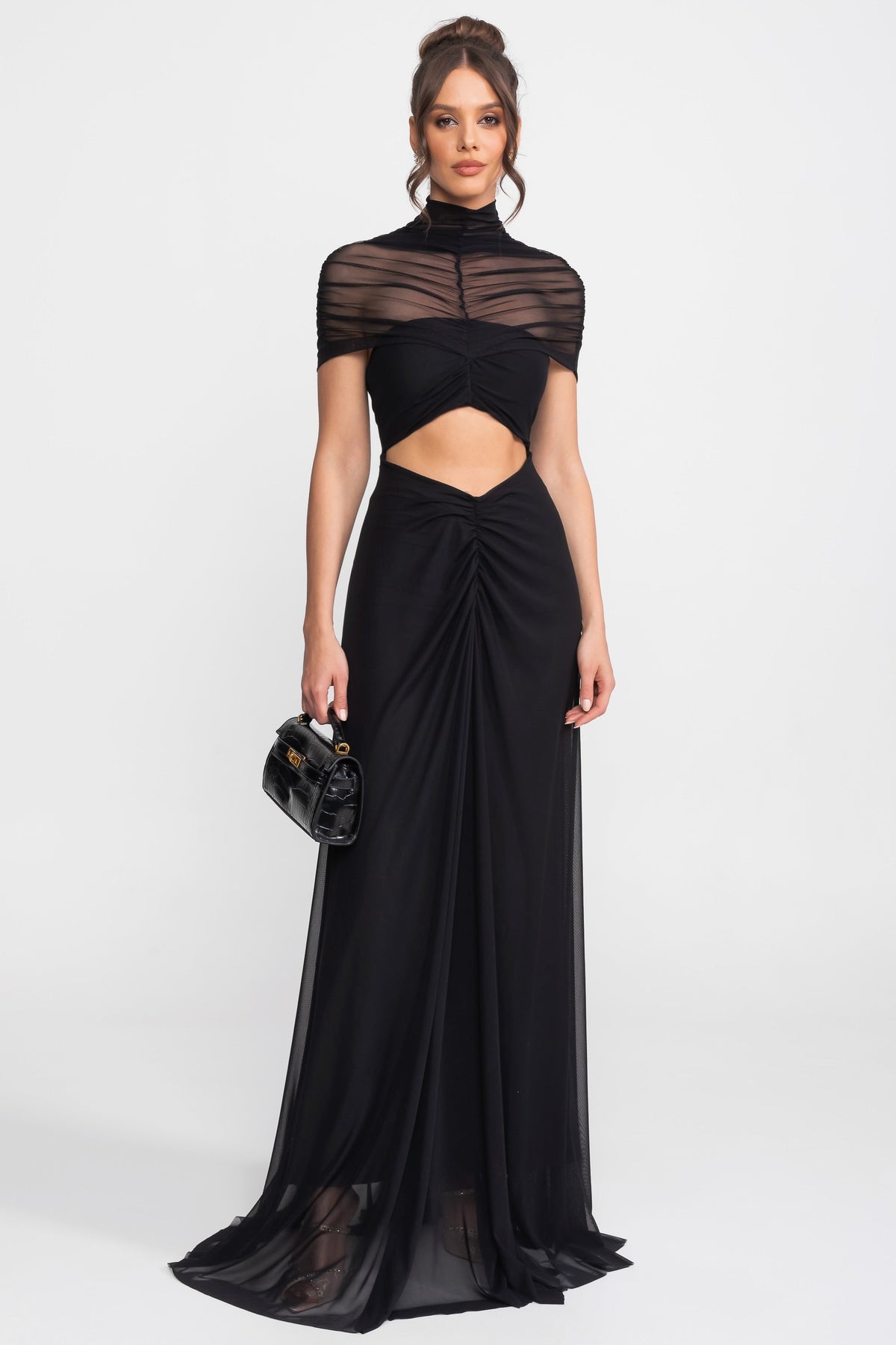 Ruched Off-The-Shoulder Maxi Dress With Cut-Out Waist - Black