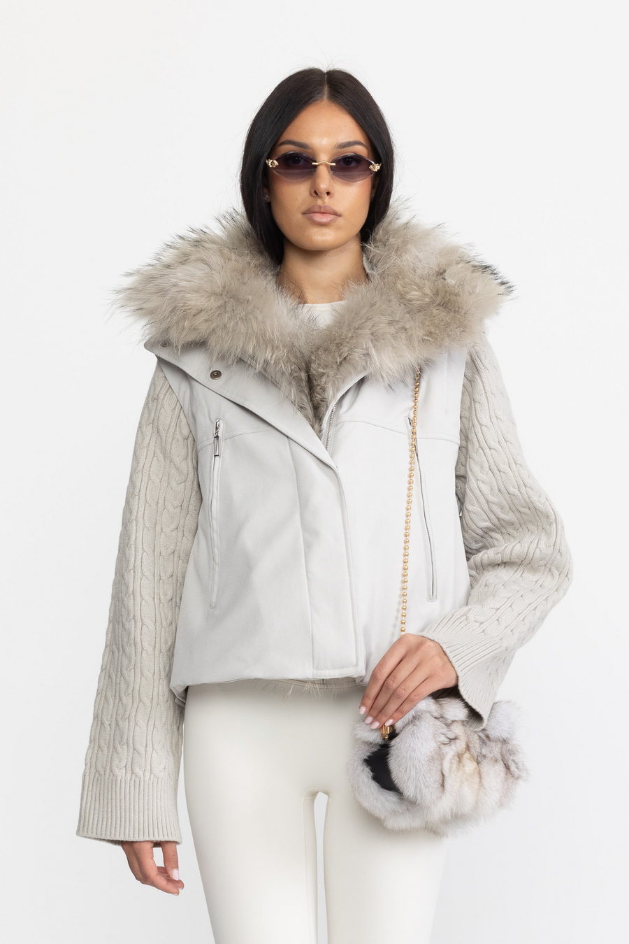 Aurélie Cable Knit Sleeve Cropped Down Jacket with Raccoon Fur Collar - Light Grey
