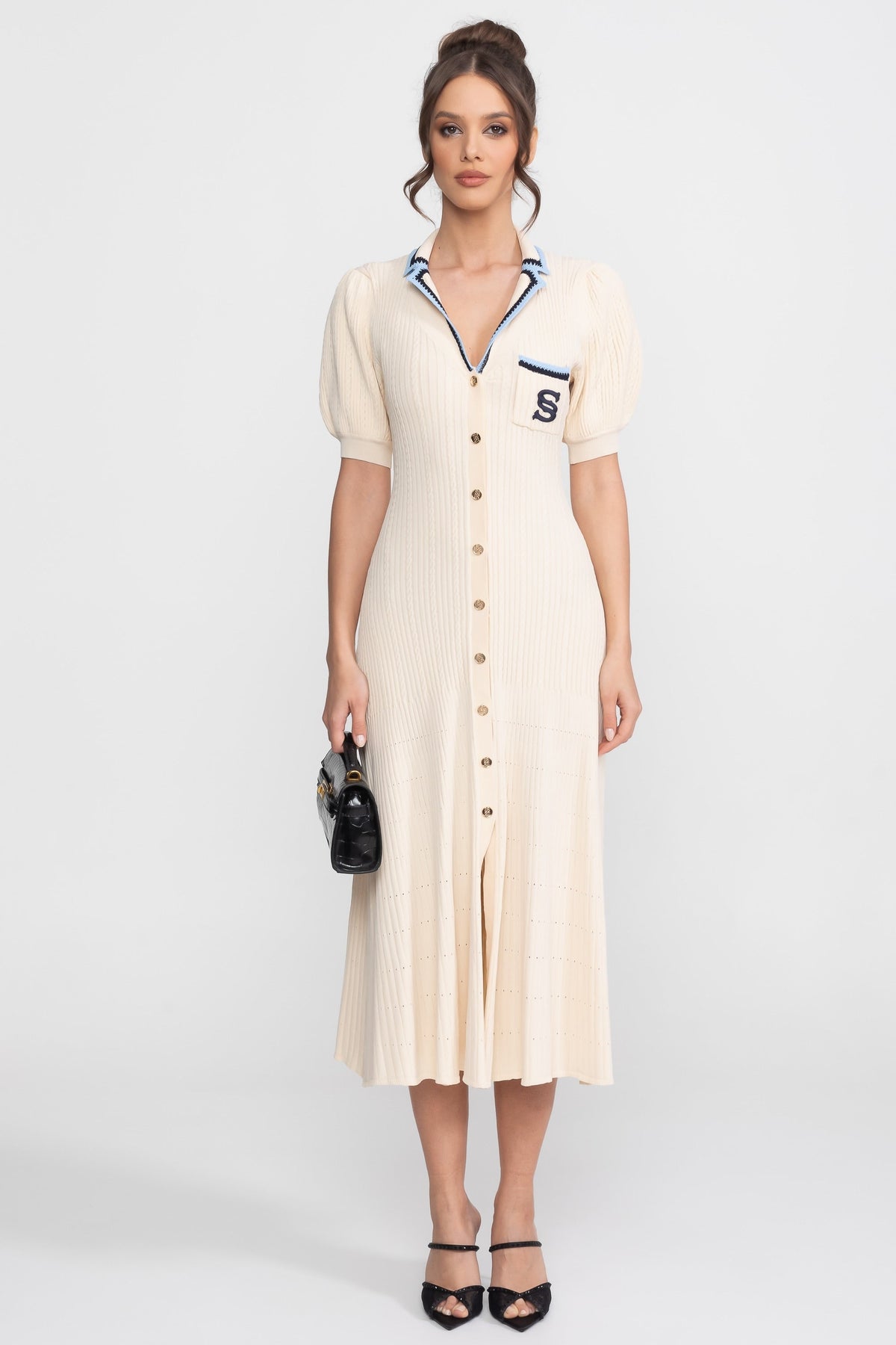 Viviane Cream Short Sleeve Knit Midi Dress With Polo Collar And Monogram Patch