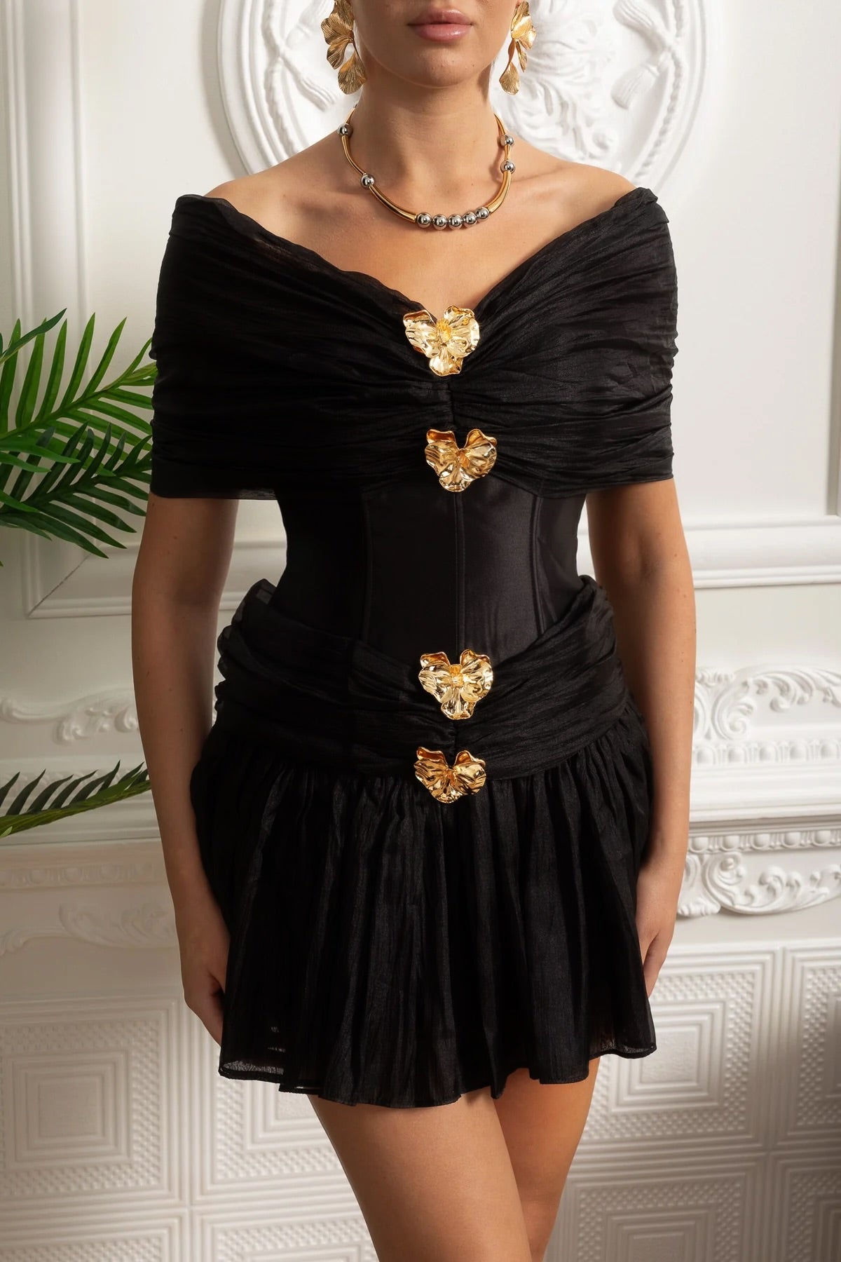 Off-Shoulder Corset Mini Dress with Gold Embellishments - Black