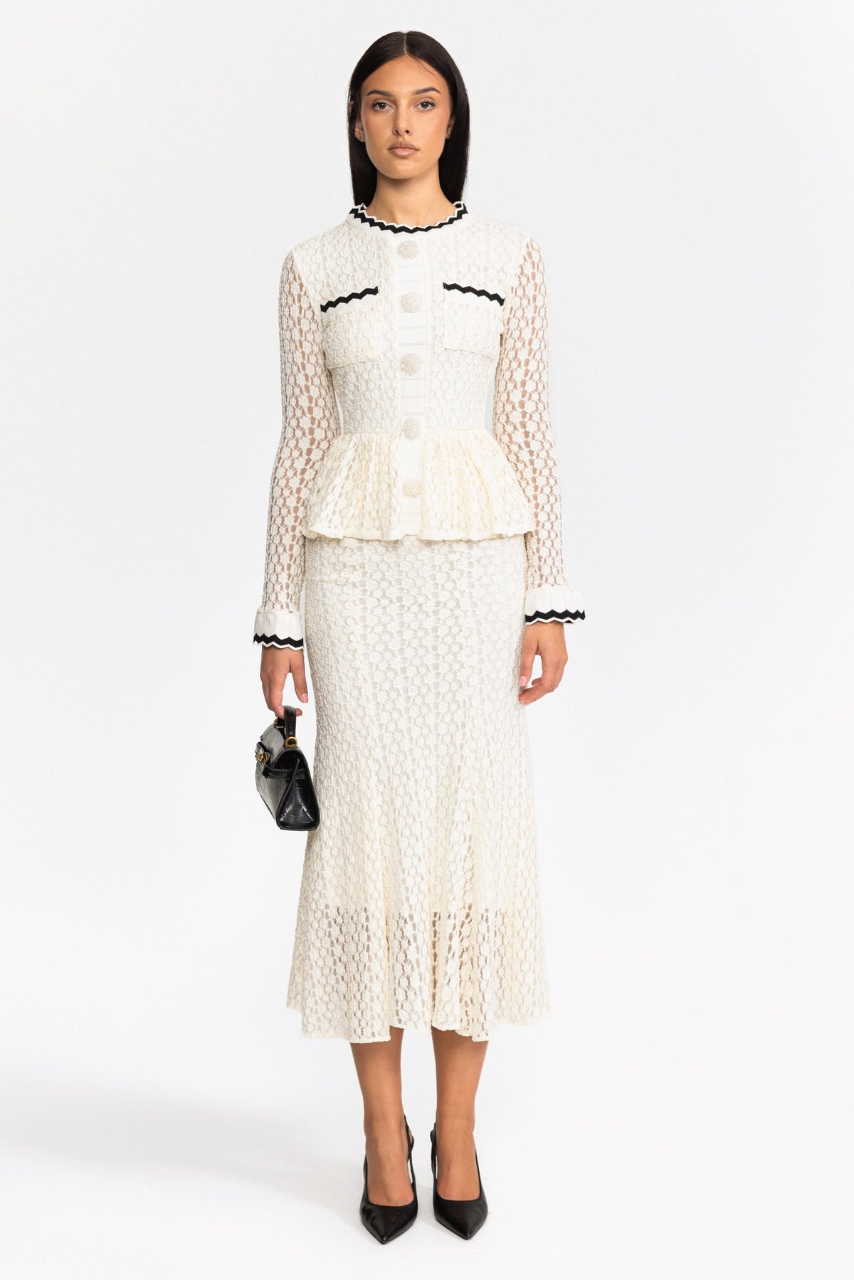 Crochet Knit Peplum Midi Dress with Ric-Rac Trim - Off-White