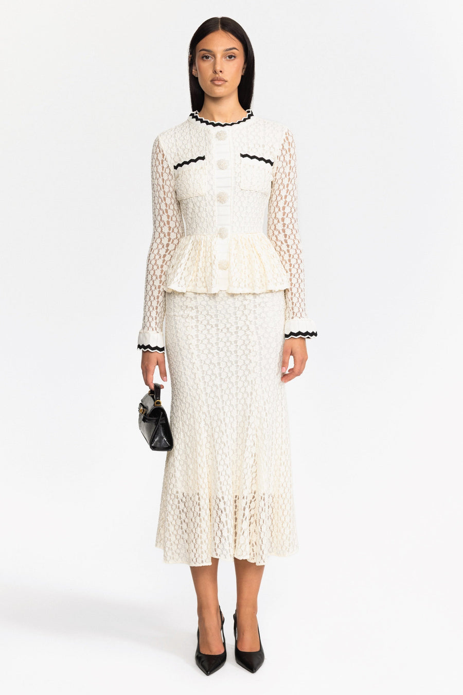 Hortense Crochet Knit Peplum Midi Dress with Ric-Rac Trim - Off-White