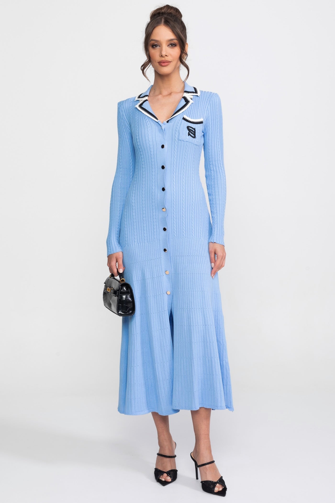 Long Sleeve Knit Midi Dress With Polo Collar And Monogram Patch - Blue