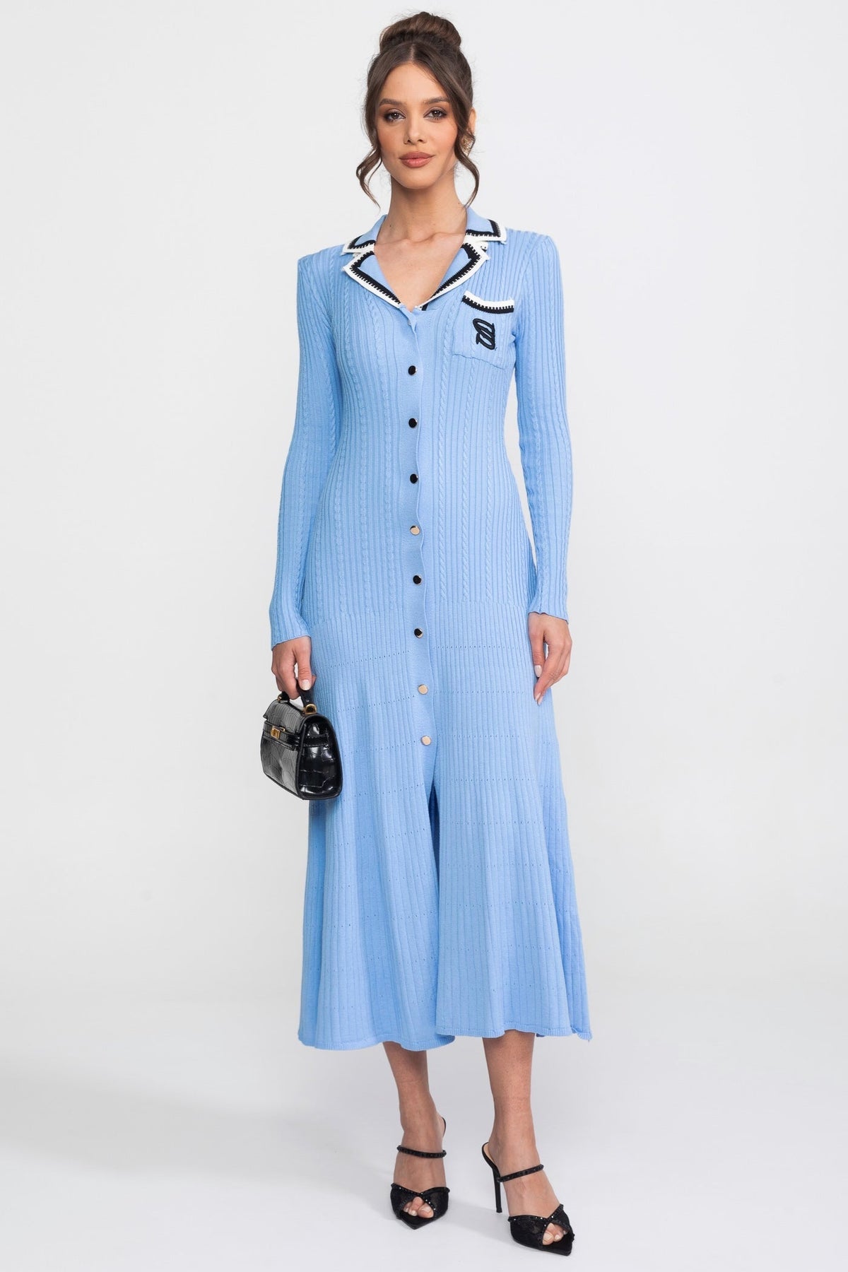 Georgiana Blue Long Sleeve Knit Midi Dress With Polo Collar And Monogram Patch