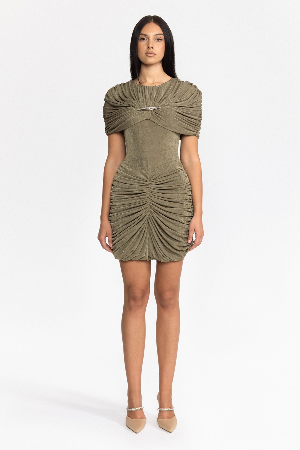 Draped Cape Ruched Mini Dress - Olive