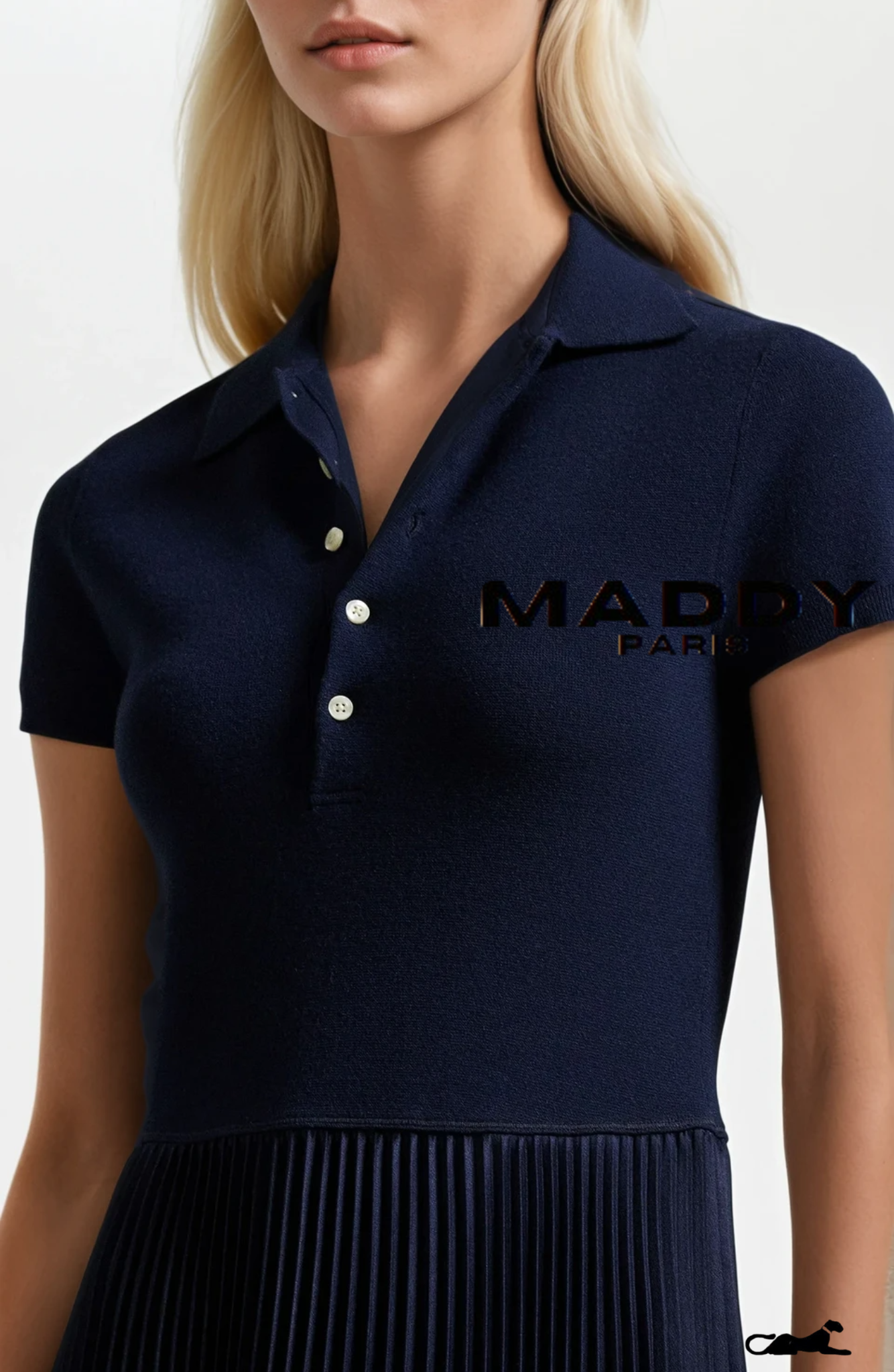 SANDRO VICTOIRE SILK-WOOL POLO PLEATED KNIT MIDI DRESS – Dark Blue