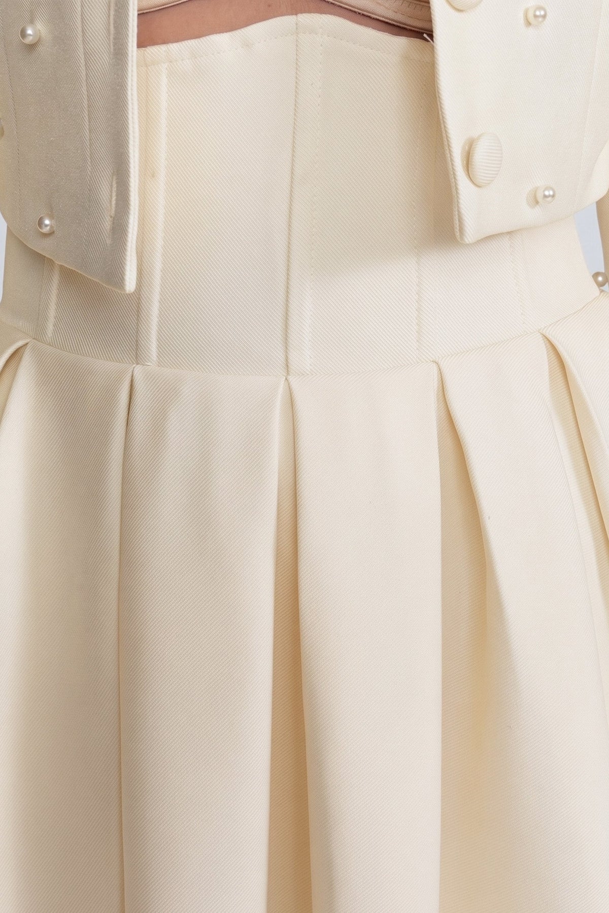 Pearl-Embellished Co-Ord Set with Cropped Jacket and Full Skirt – White