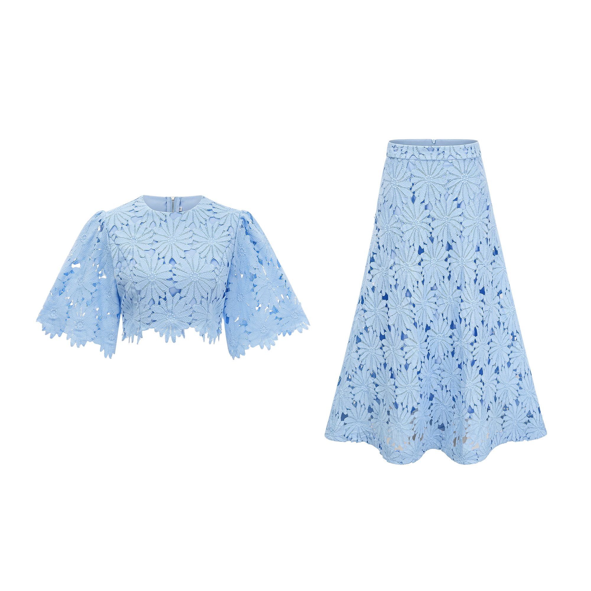 Audrey blue guipure-lace top & skirt matching set (Final Sale-US Only)
