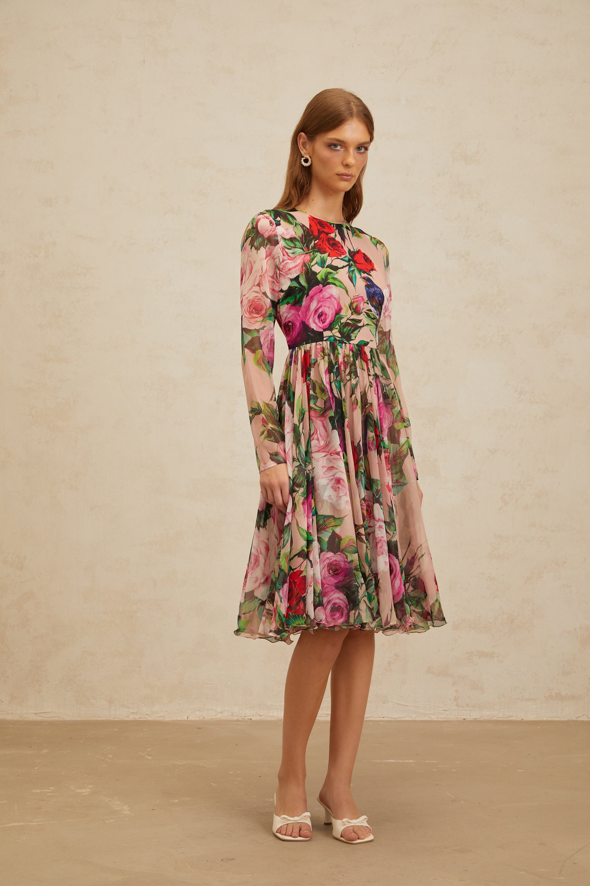 Coralie Pink Rose Print Summer Silk Midi Dress