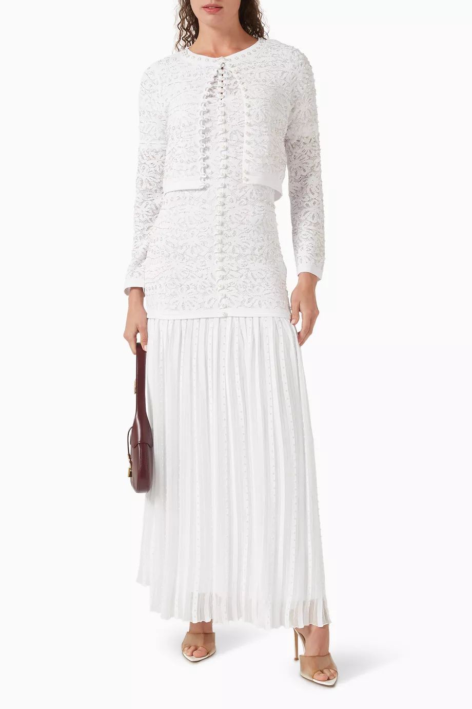 Sandro Celeste Embellished Knit Maxi Dress with Cropped Pearled Cardigan - Pearl White