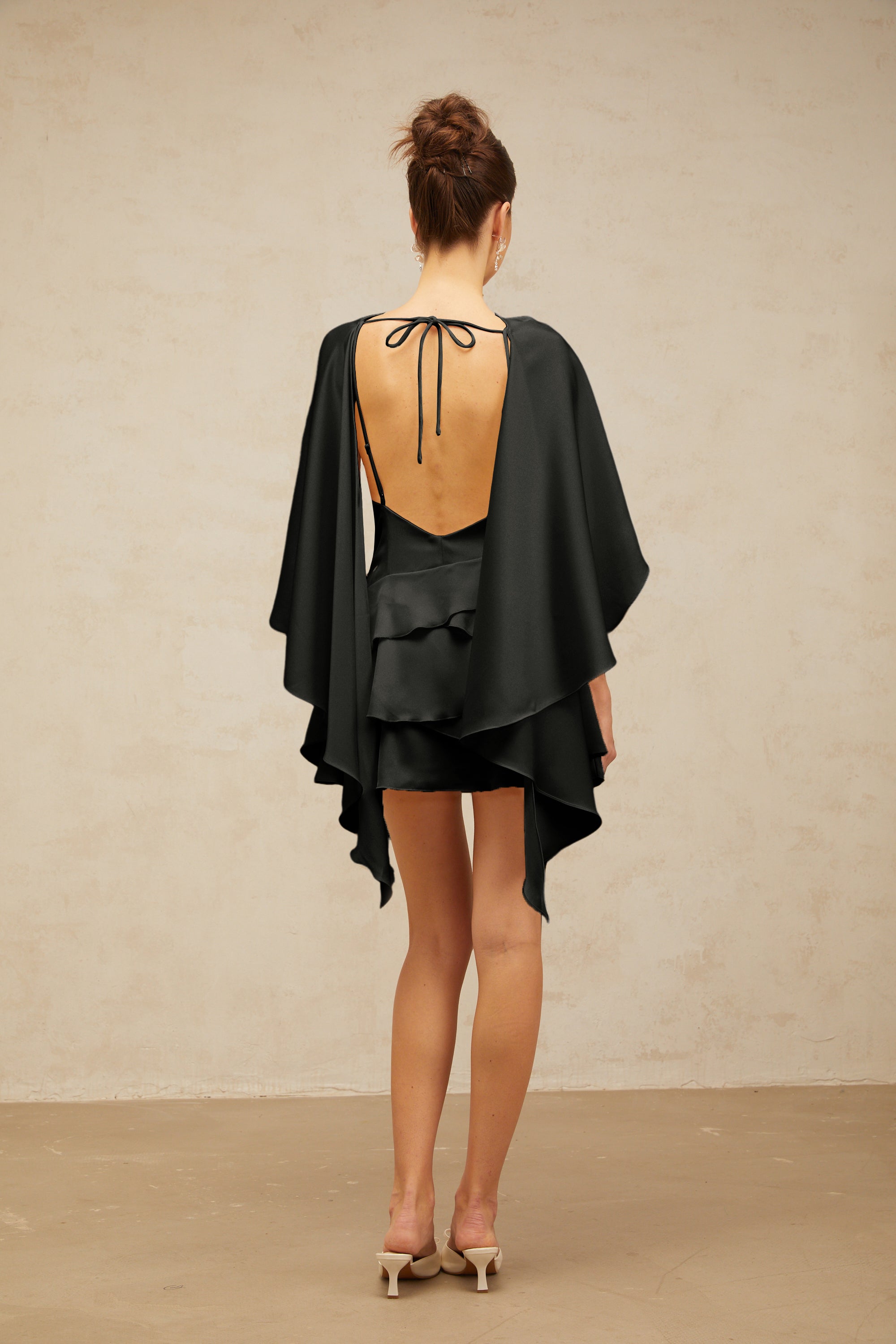 Lyna shawl-panel ruffled satin mini dress in Black