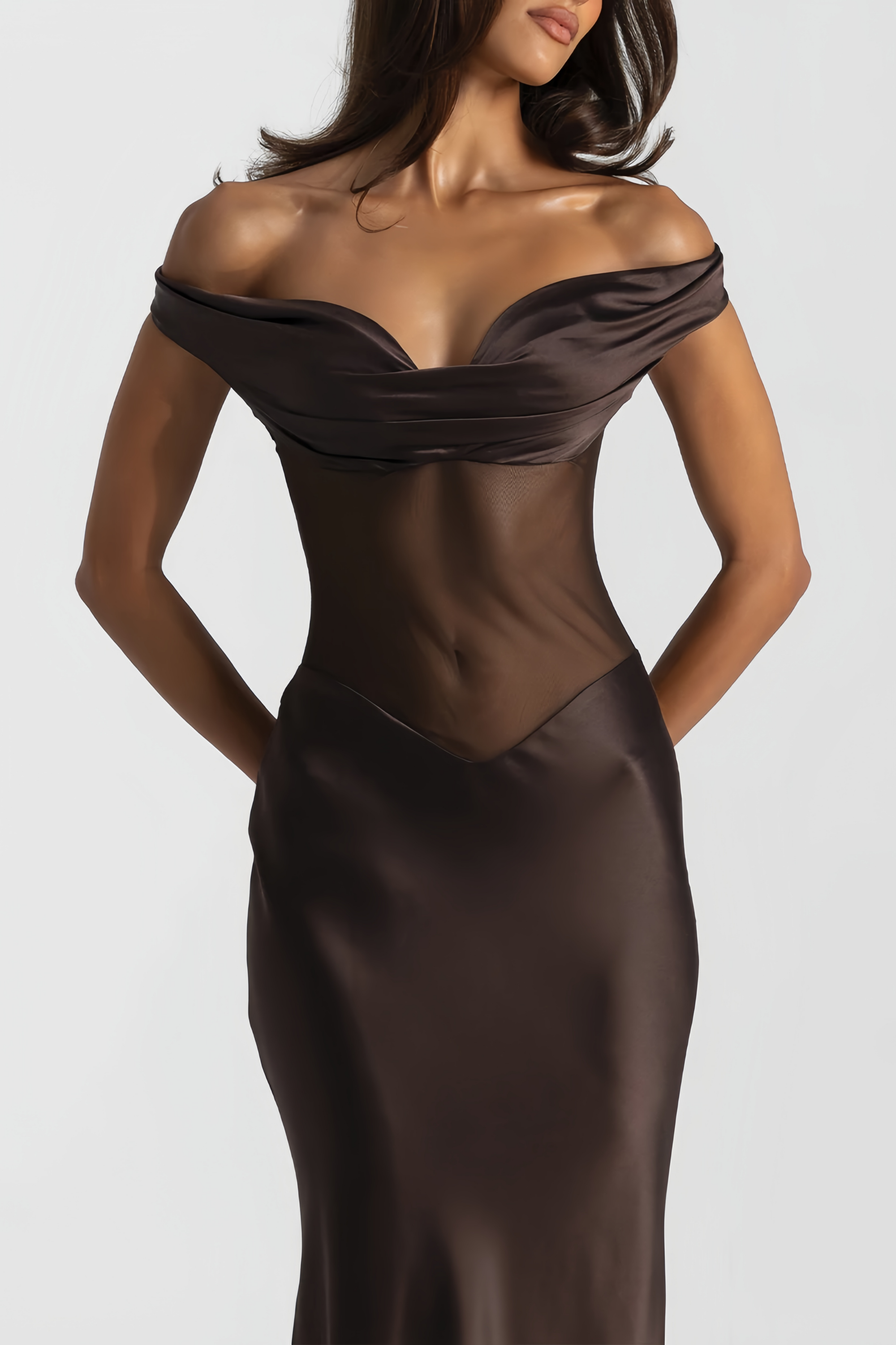 Gitta Brown Off Shoulder Satin Maxi Gown