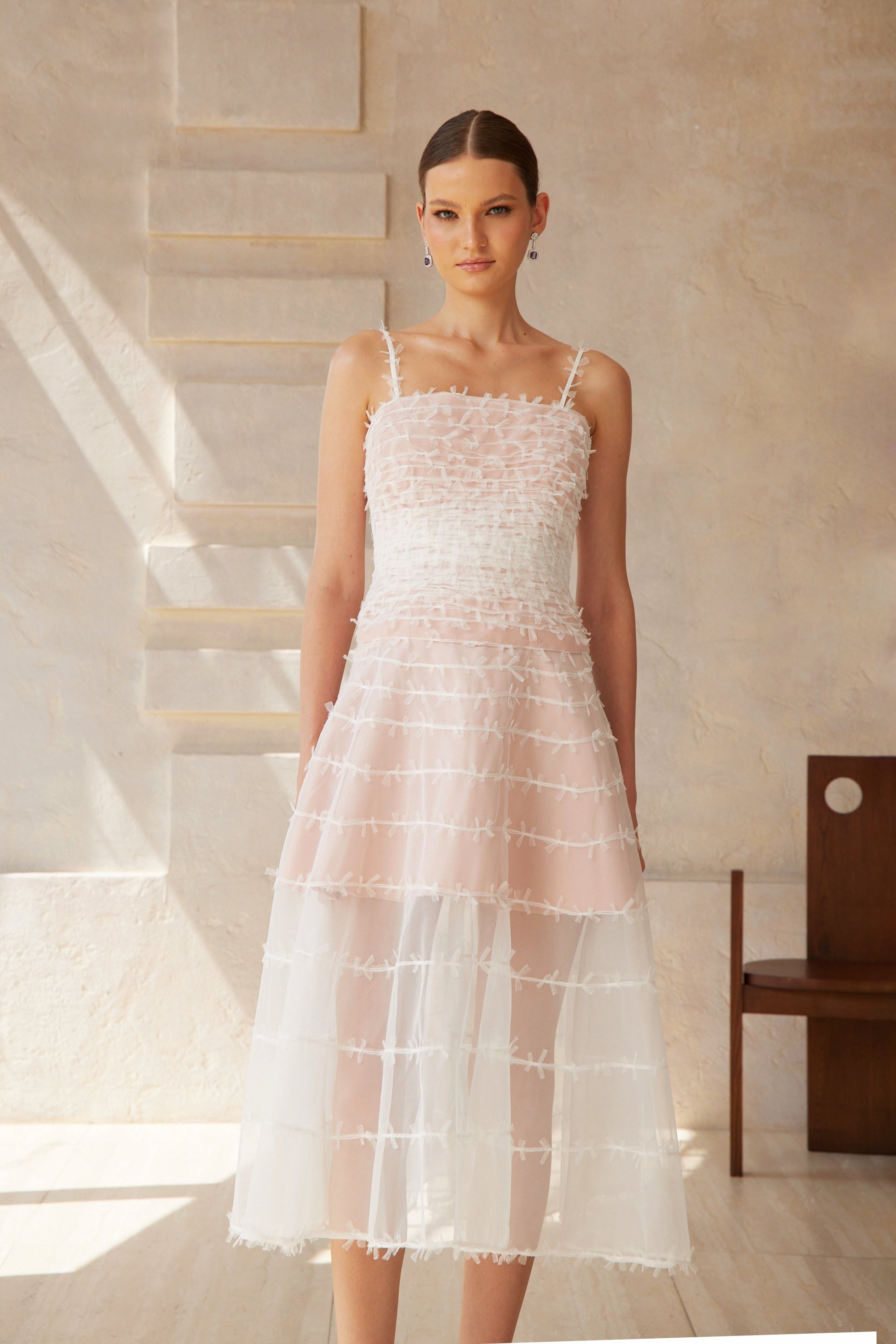 Eléonore White Creased Tulle Midi Dress