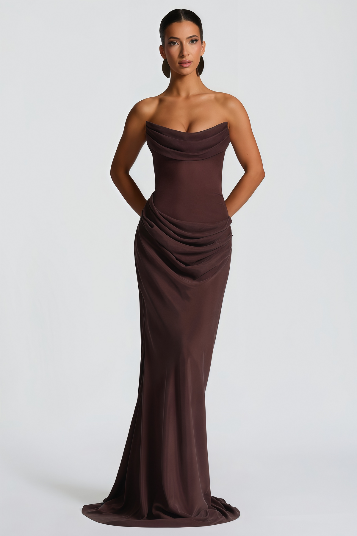 Vedette Brown Ruched Corset Maxi Dress