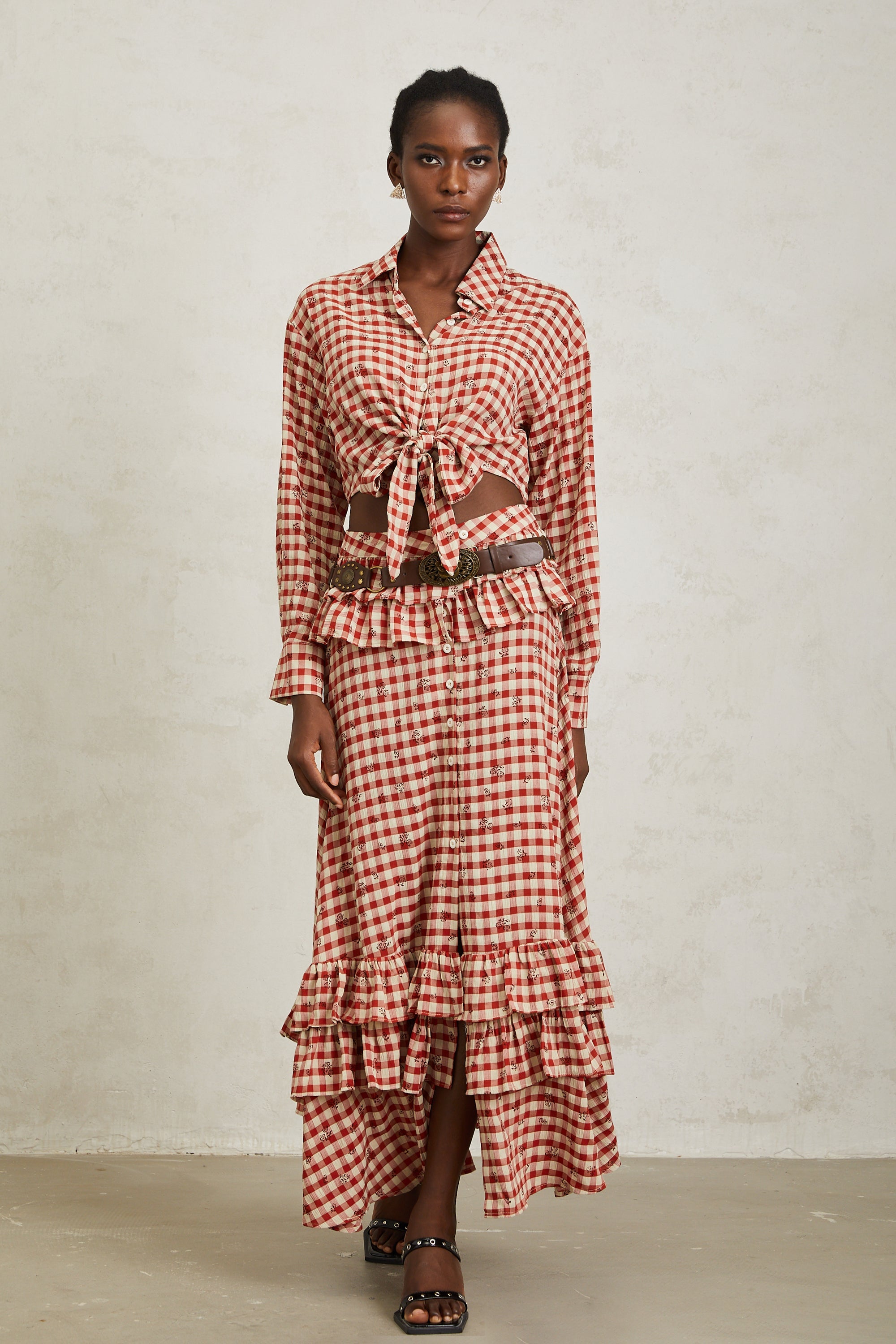 Céline Red Rose Print Plaid Shirt & Skirt Set