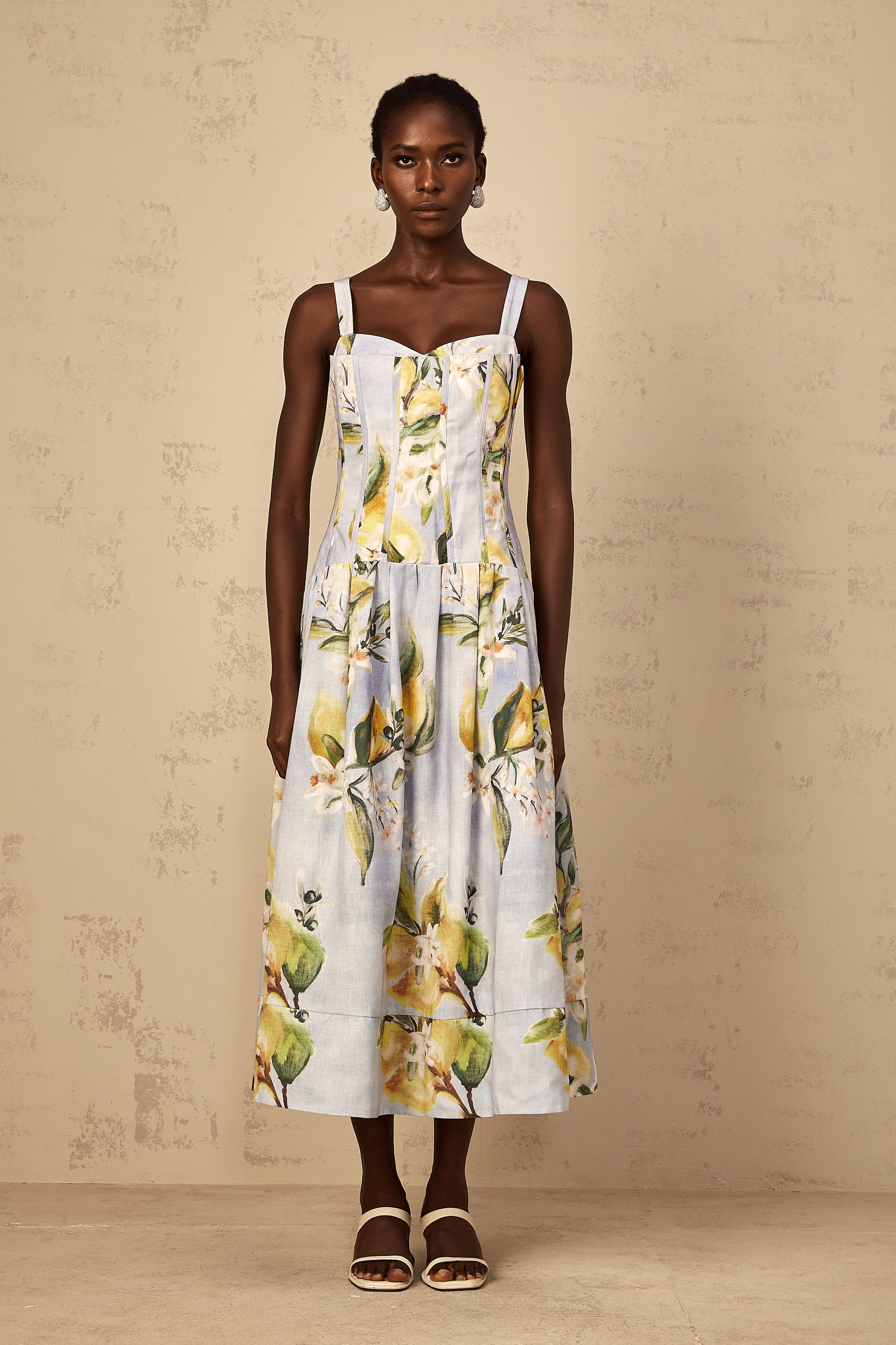 Esmée Blue Cottagecore Shirred Floral Midi Dress