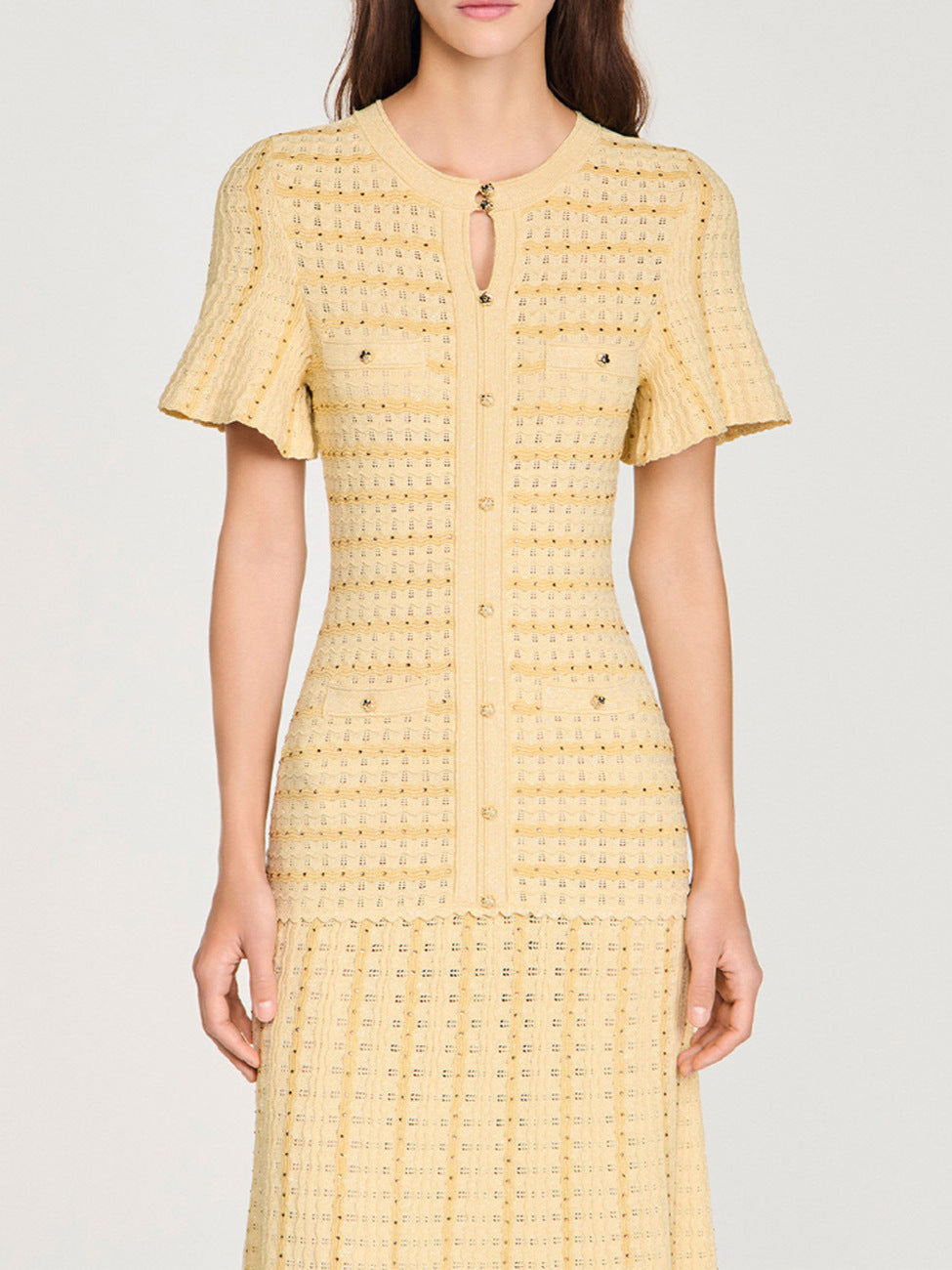 Sandro Victoire Rhinestone Knit Maxi Dress in - Gold
