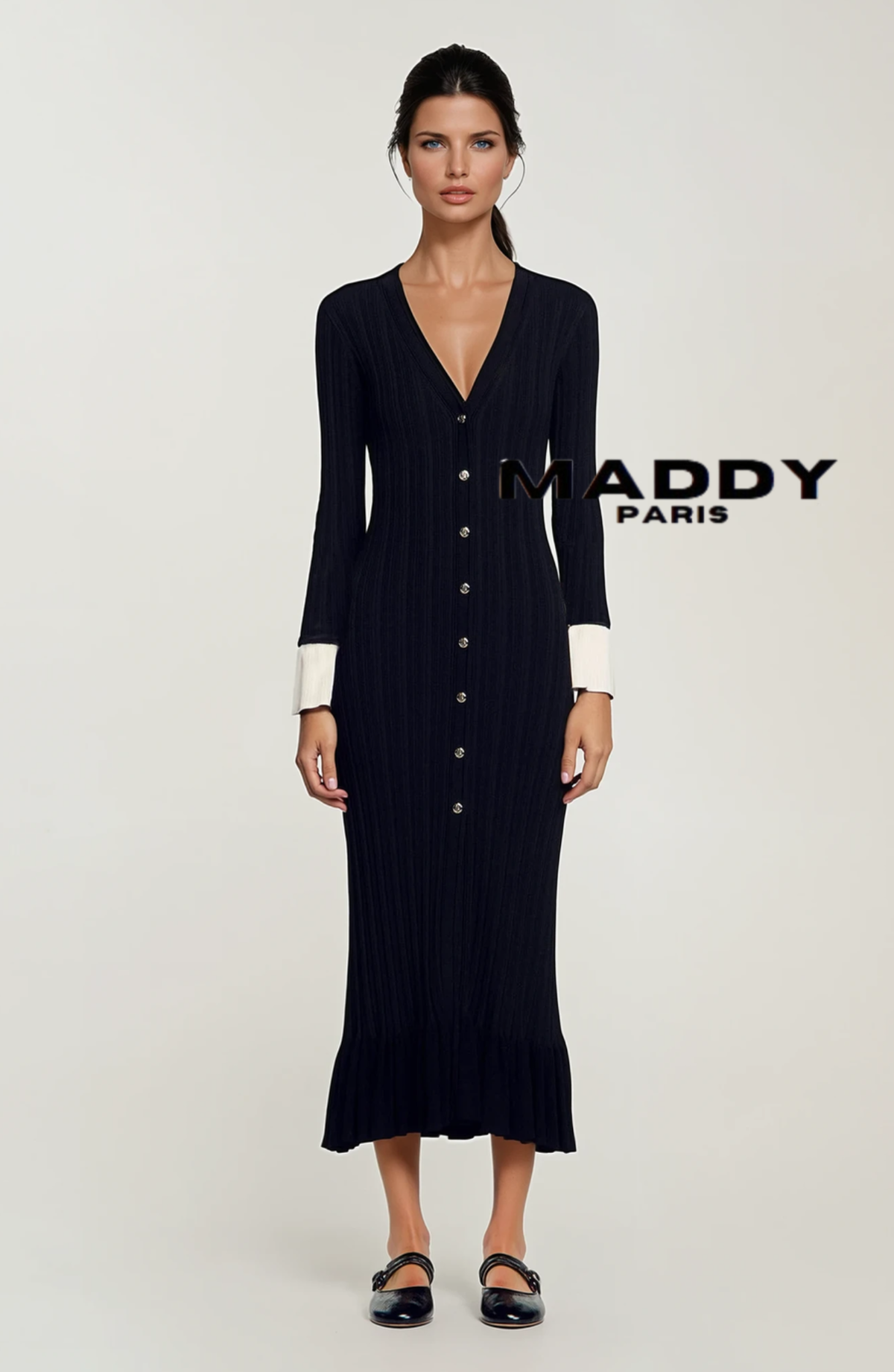 MADDY LION CREPE LONG SLEEVE MIDI DRESS TWO-TONE JERSEY - BLACK