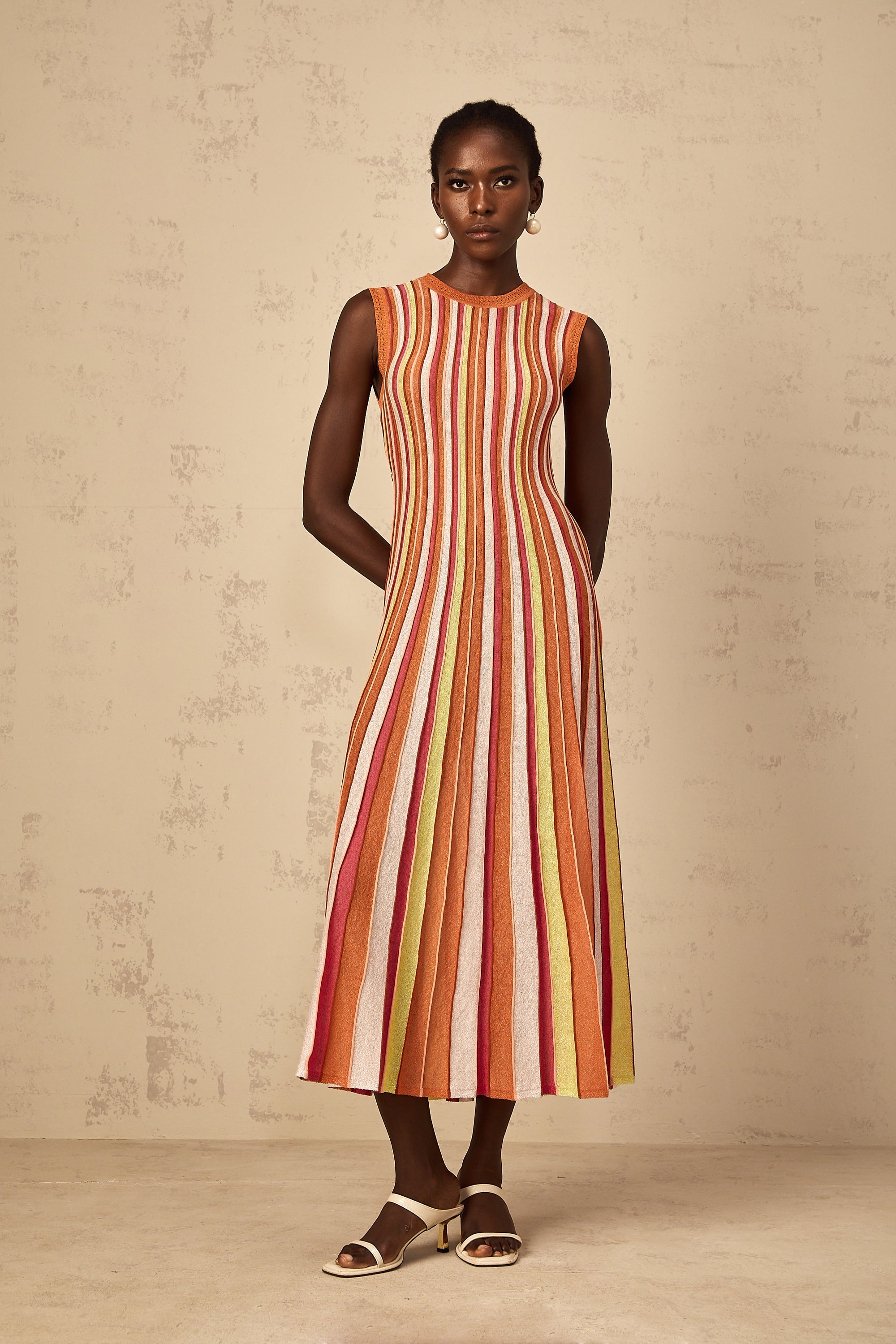 Abriana Orange Vertical Striped Knit Midi Dress