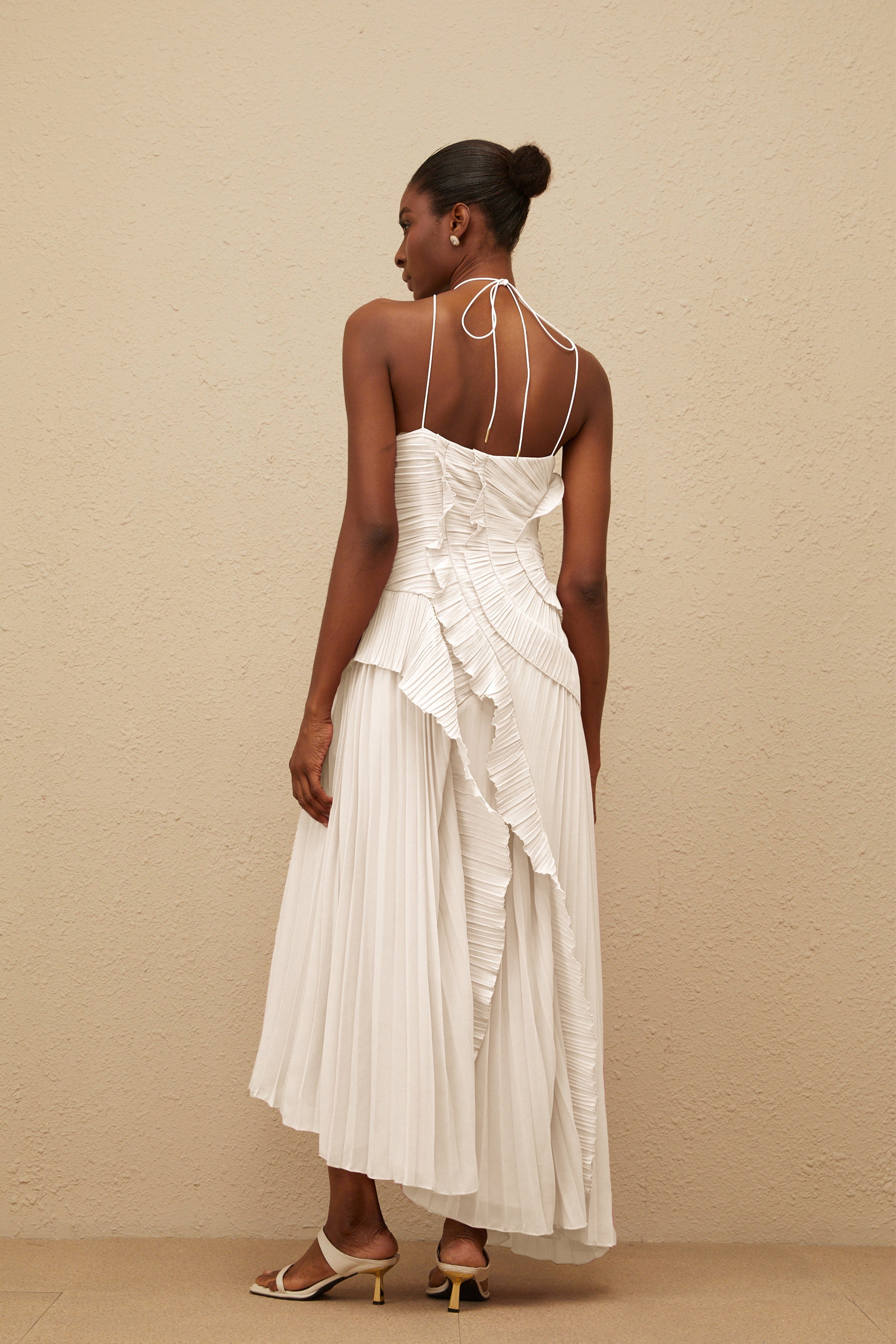 Doux White Ruffled Trim Pleated Midi Dress (Final Sale-US Only)