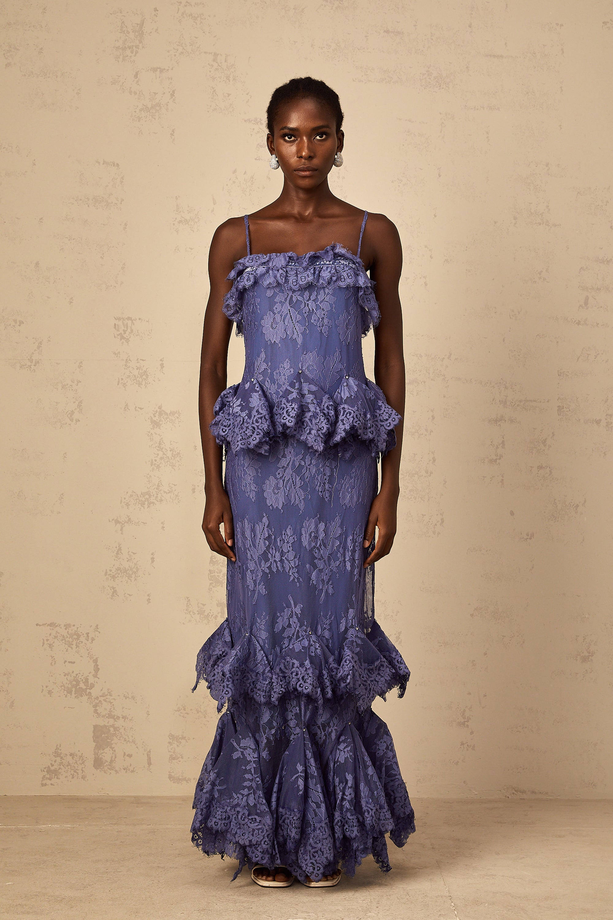 Héloïse Purple Floral Lace Ruffled Maxi Dress