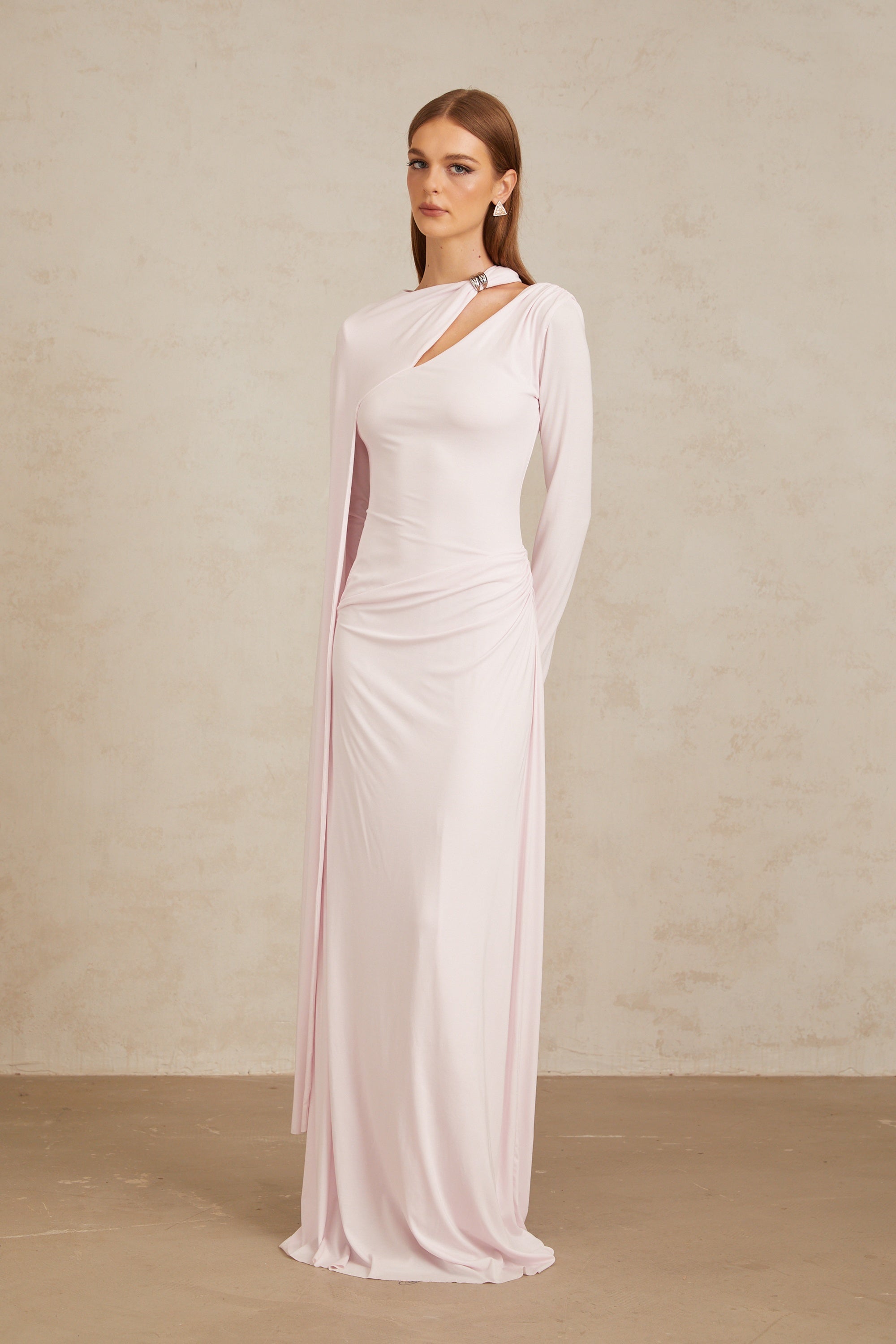 Josette Pink Diagonal Shawl Fitted Maxi Dress