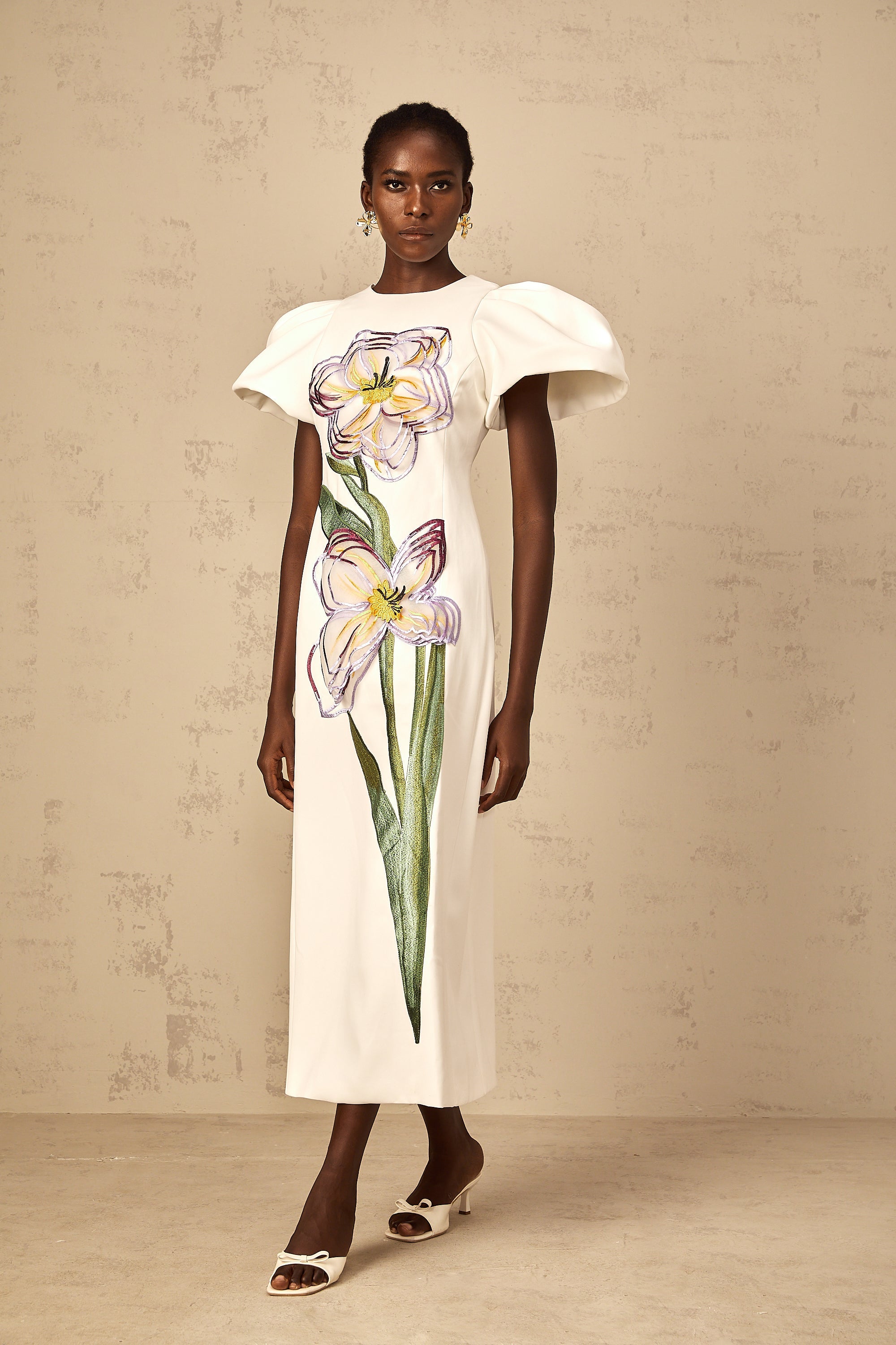 Irène White Sequin Floral Embroidered Midi Dress