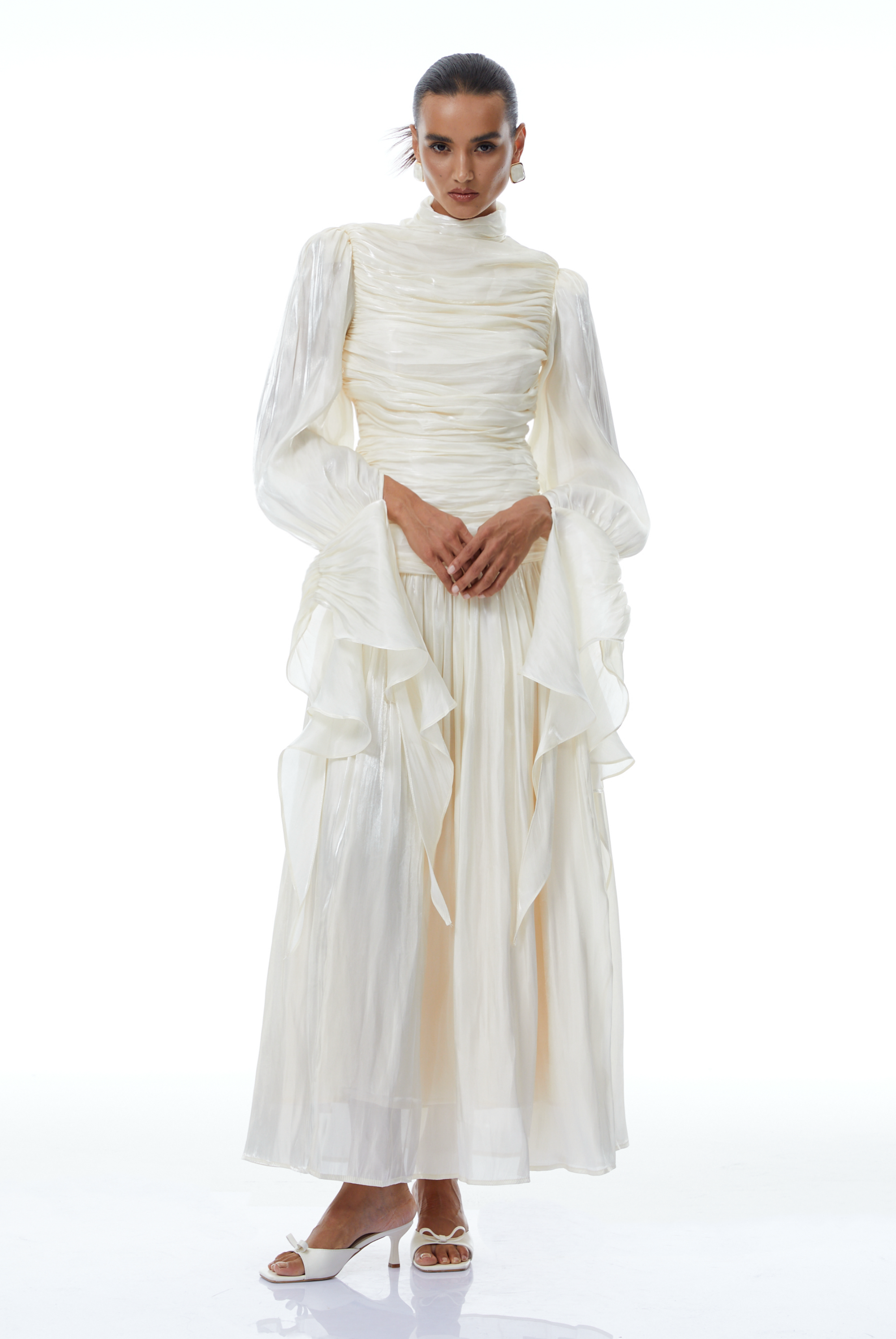 Sarolta Neutral Glossy Ruched Maxi Dress (Final Sale-US Only)