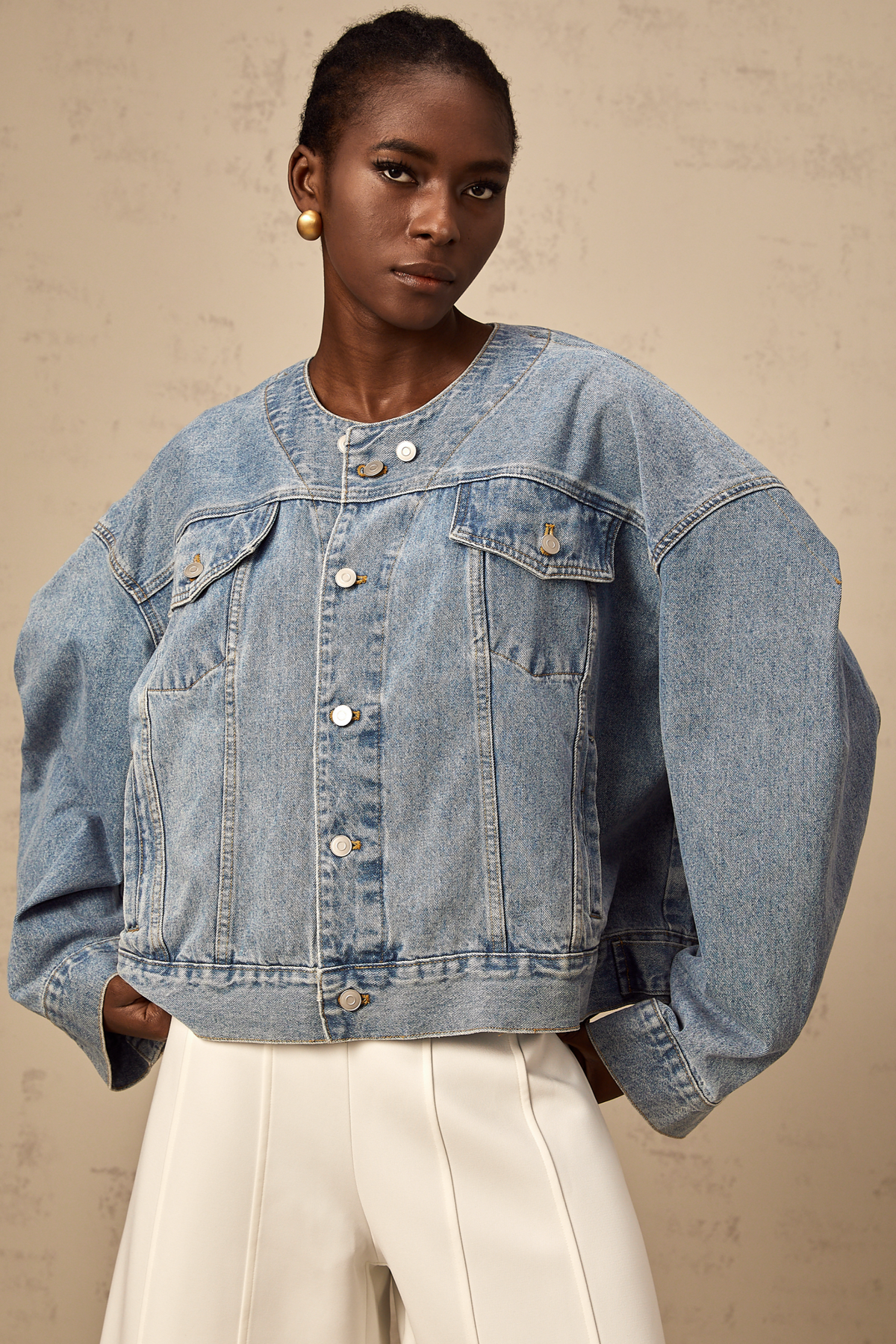 Isabelle blue collarless denim jacket