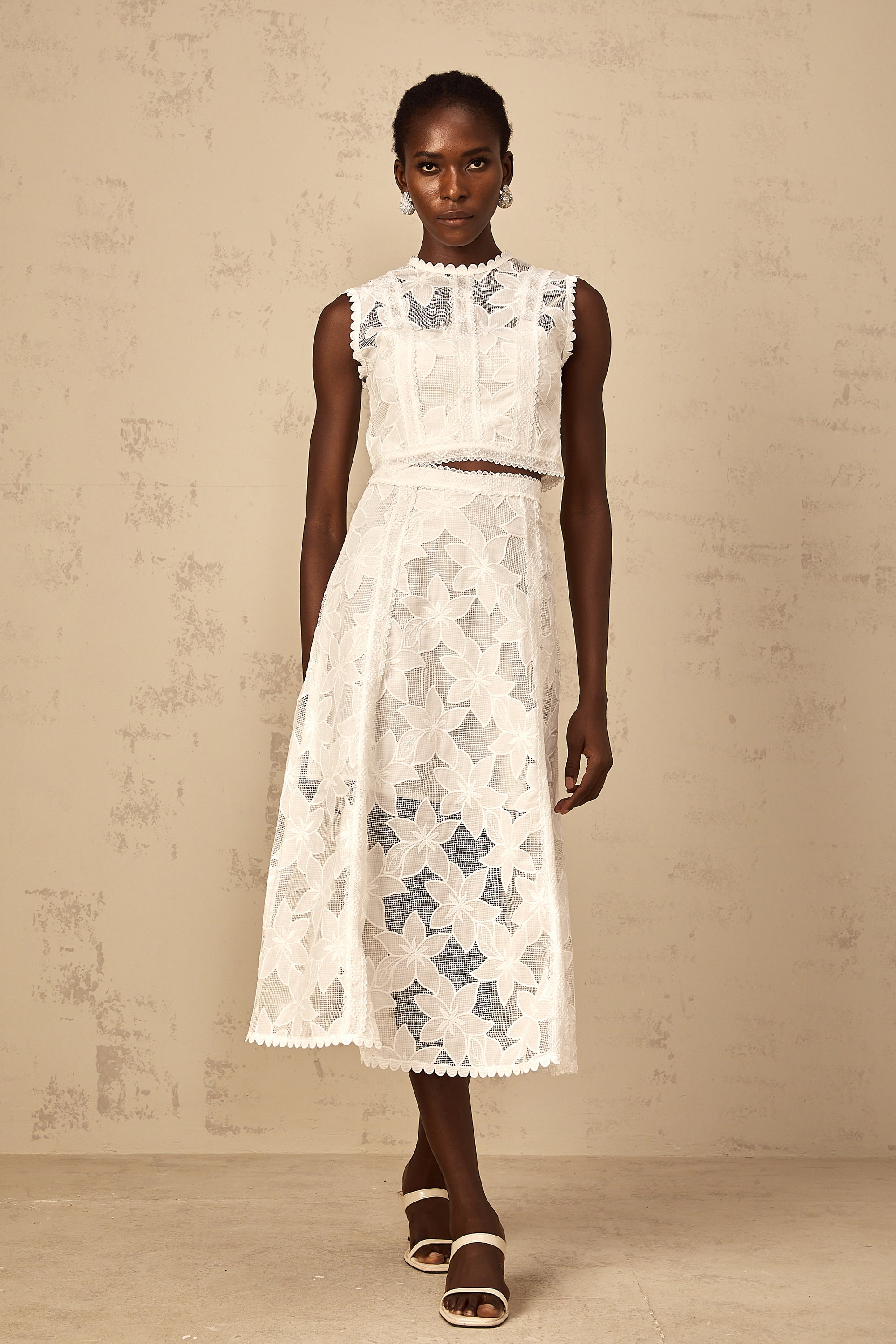Mailys Floral Embroidered Top & Skirt Set in White
