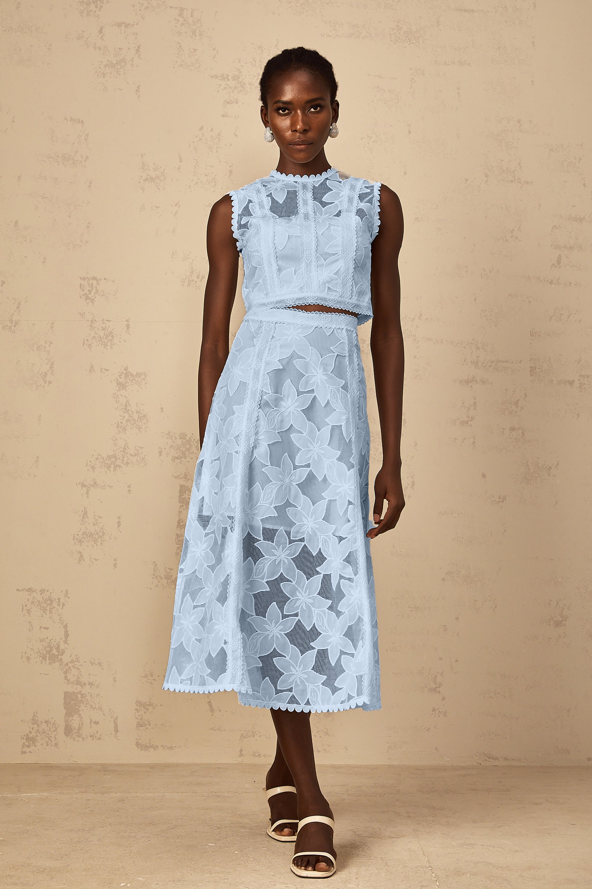 Mailys Blue Floral Embroidered Top & Skirt Set