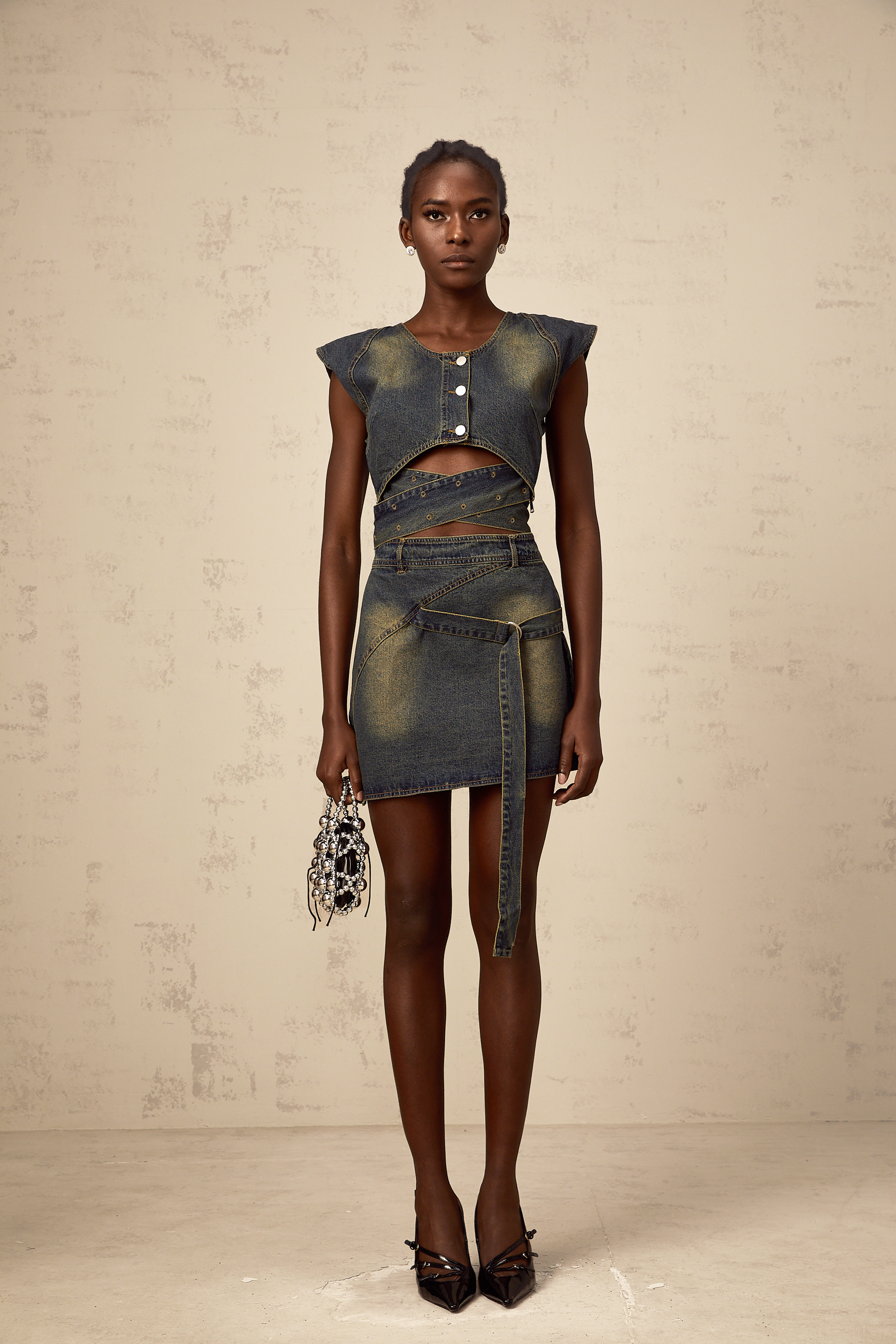 Fanny blue cross-over denim top & skirt matching set