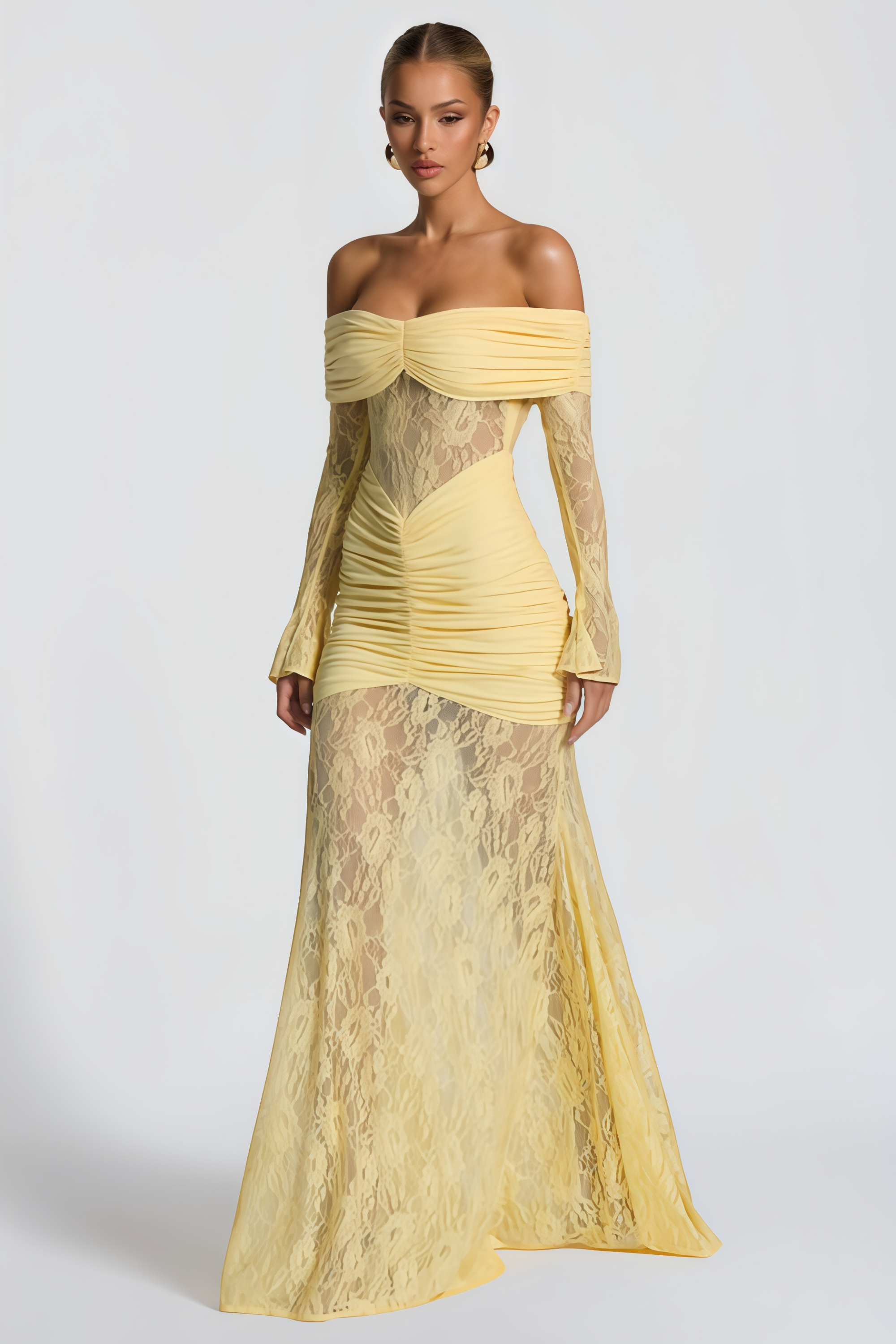 Brigitte Yellow Lace Panel Ruched Maxi Dress (Final Sale-US Only)
