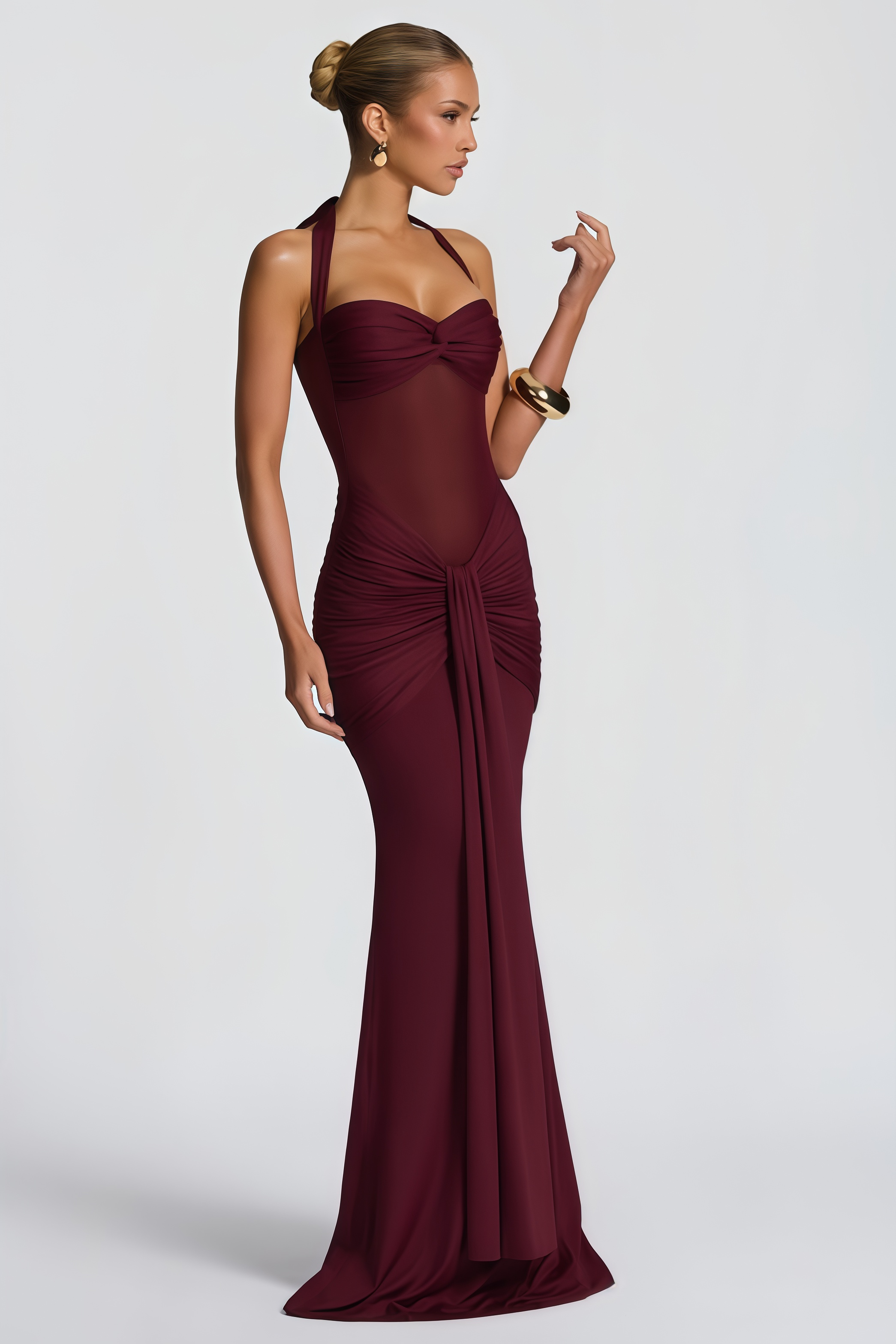Amandine Burgundy Halterneck Gathered Maxi Dress (Final Sale-US Only)