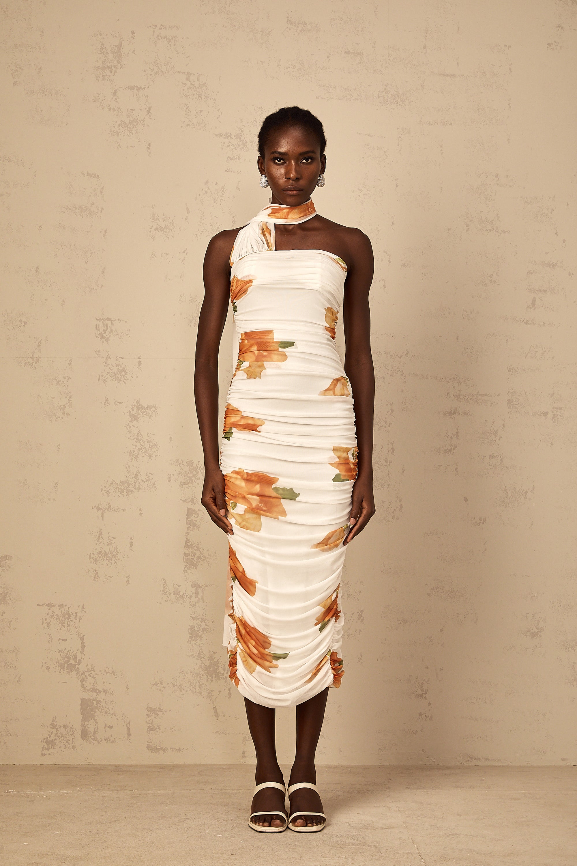 Frida white floral-print ruched tulle midi dress (Final Sale-US Only)