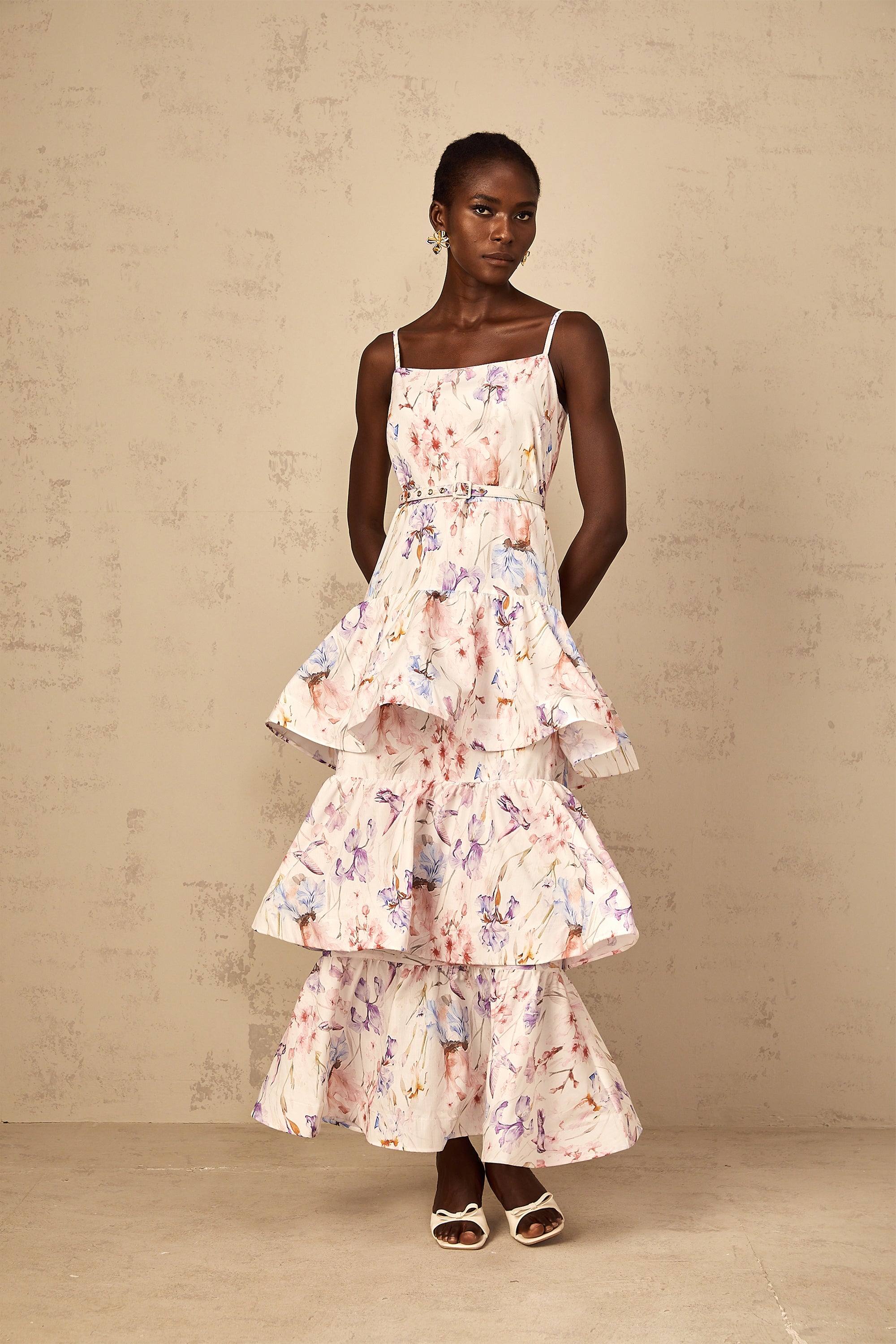 Géraldine White Floral Print Ruffled Tiered Maxi Dress