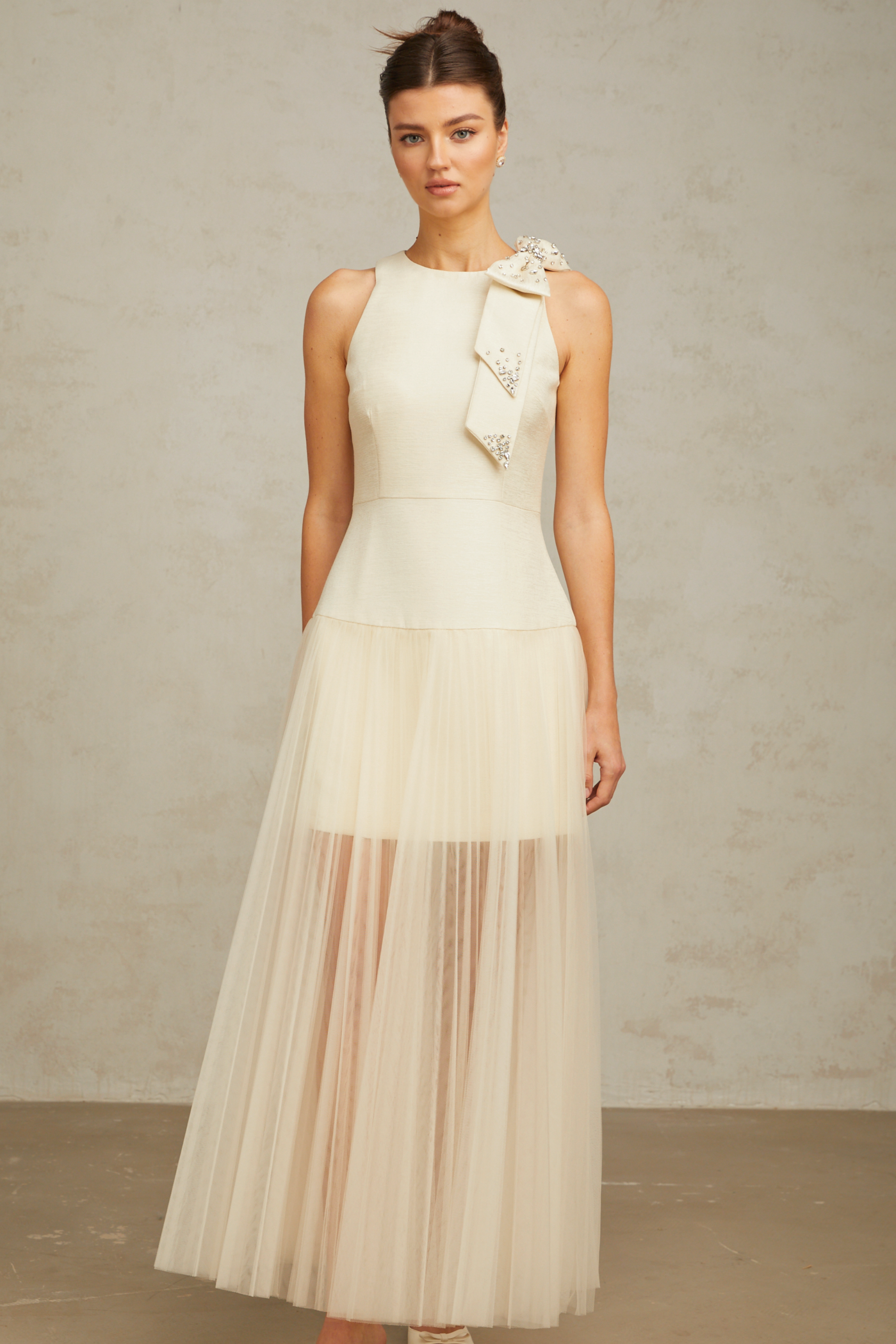 Thérèse bowknot tulle-panelling midi dress in White