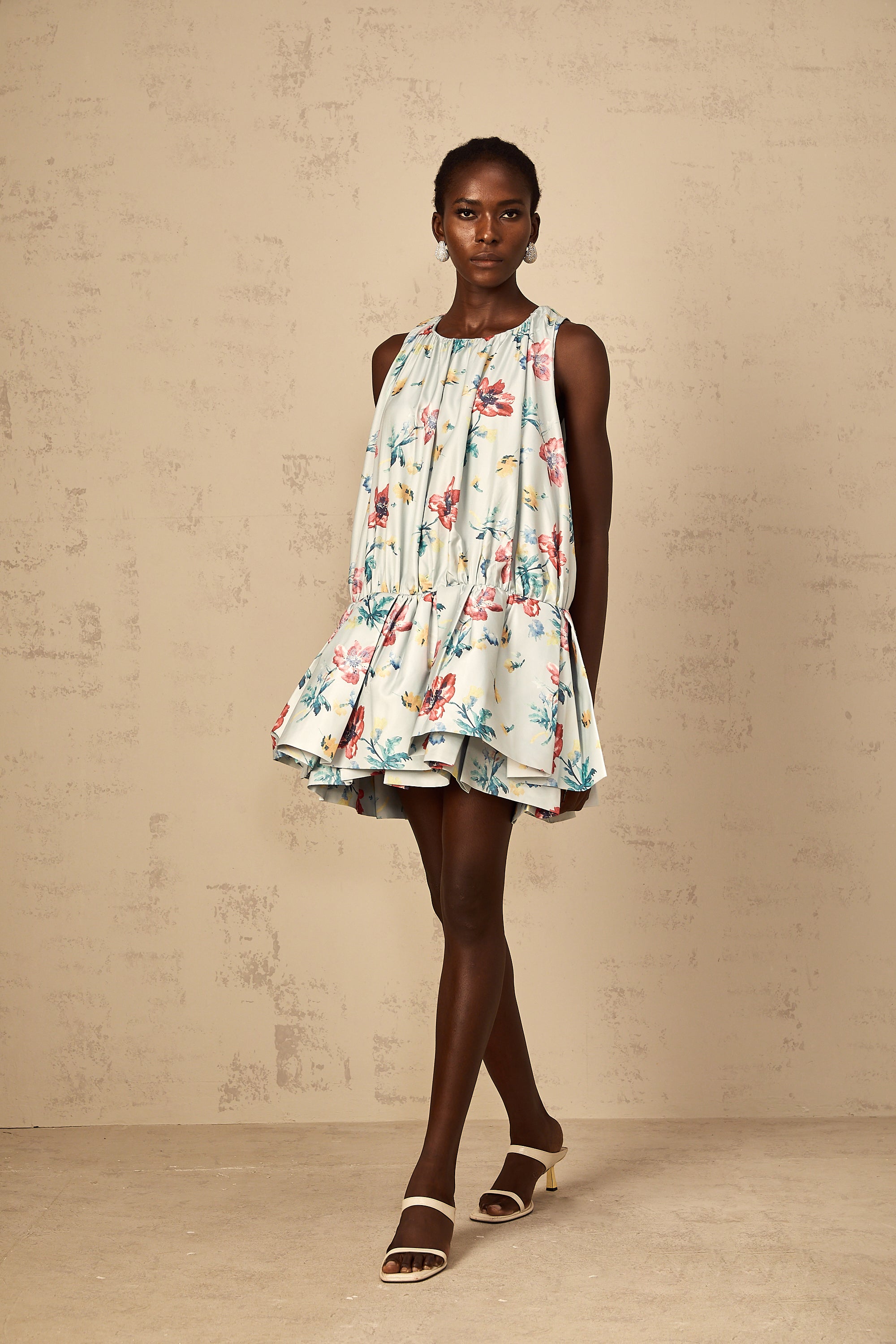 Wendy Green Floral Print Shirred Mini Dress