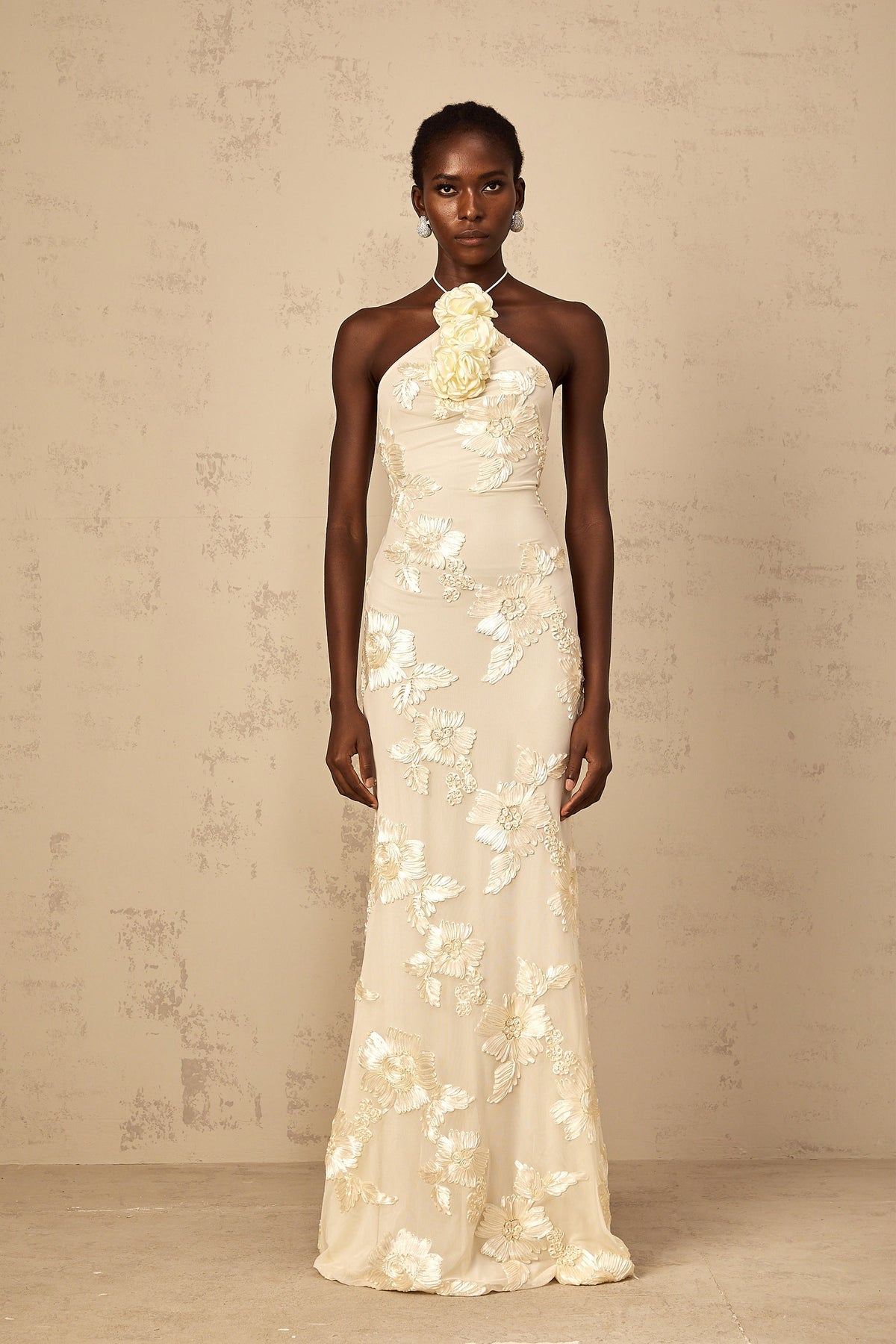 Melanie Neutrals Embroidered Halterneck Maxi Dress