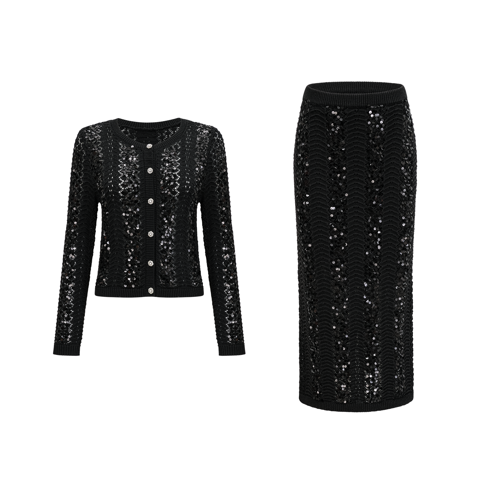 Ophelie black sequined crochet-knit cardigan & skirt matching set