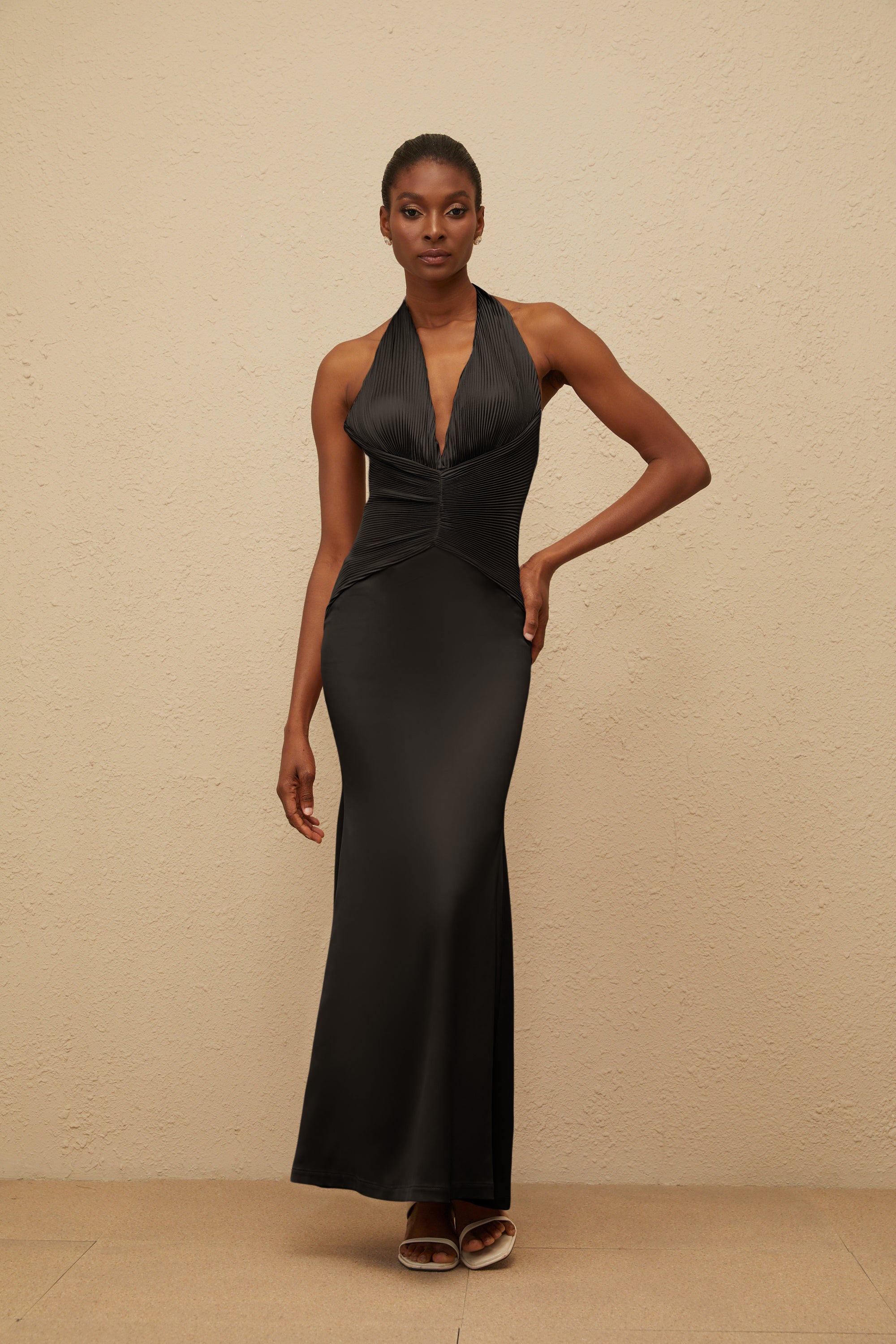 Colette Black Halterneck Ruched Satin Gown