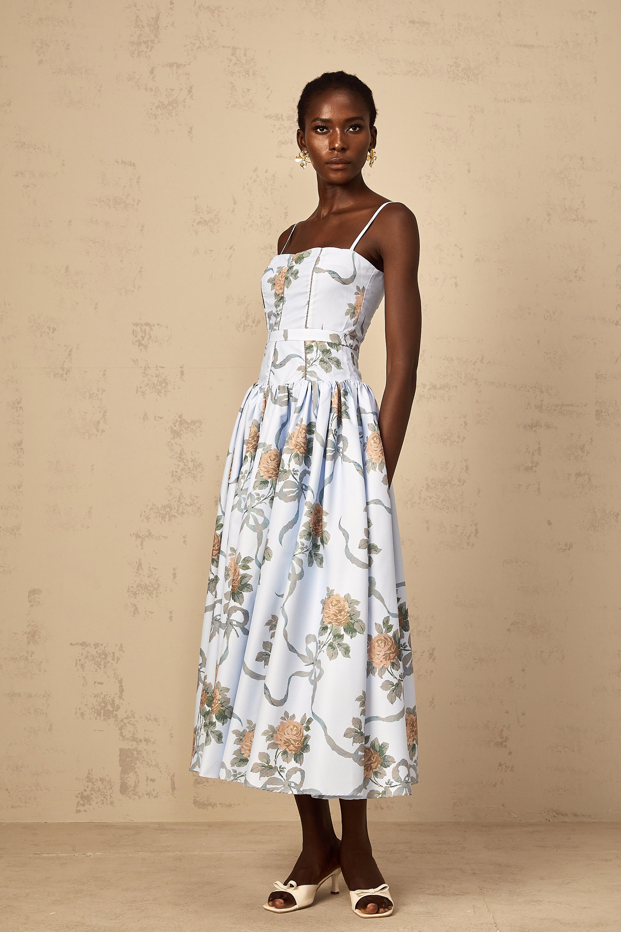 Fleur Blue Floral Print Midi Dress