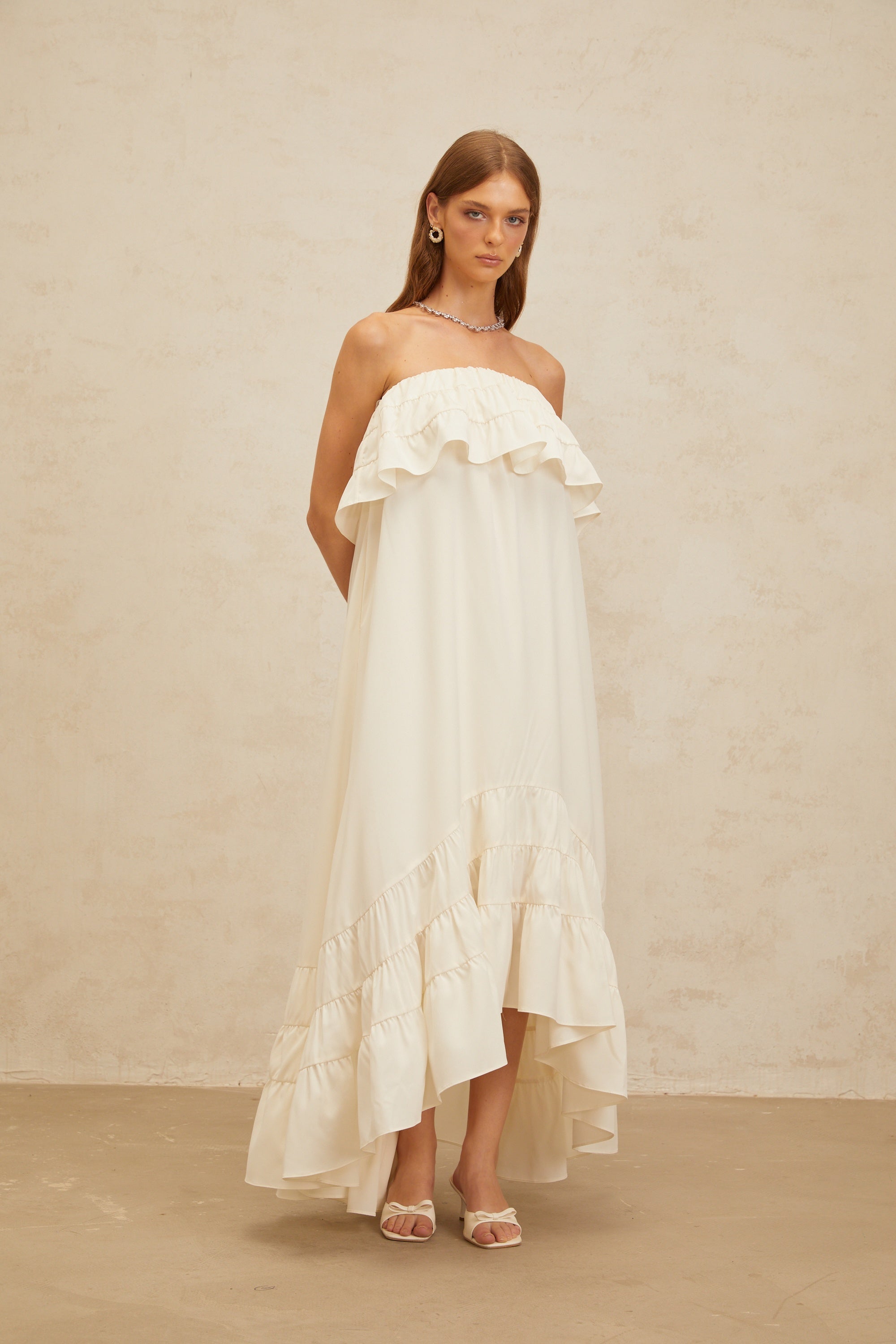 Bénédicte White Vibrant Off Shoulder Shirred Maxi Dress